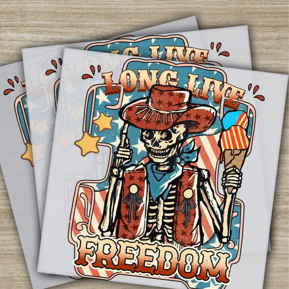 4th of July, Long Live Freedom, Skeleton, Fourth ofJuly, Ready to Press, Personalized DTF Transfers, Heat Press DTF Transfers