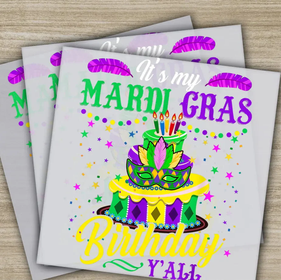 Birthday Cake, Mardi Gras Transfers, Ready to Press, Personalized DTF Transfers, Mardi Gras Gifts, High Quality, Heat Press DTF Transfers