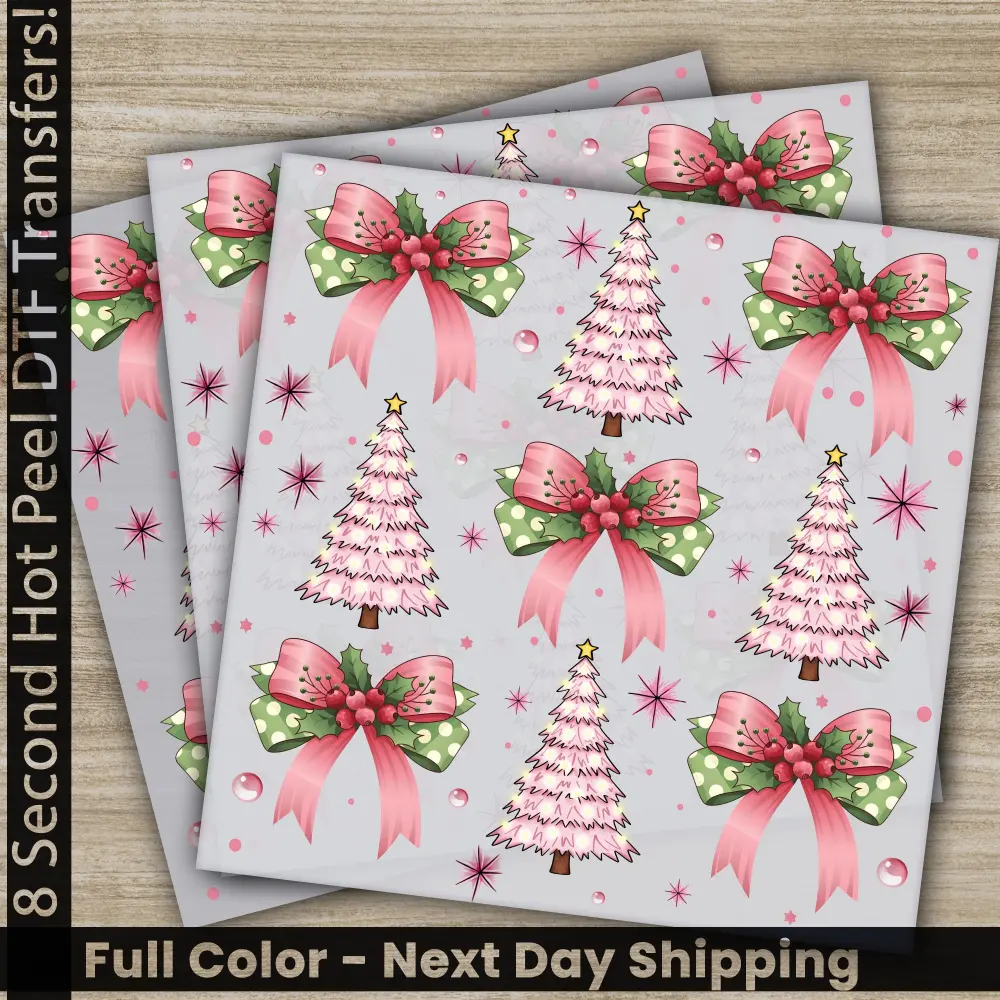 Bow, Pink Christmas Tree, DTF Transfers, Ready to Press, Personalized Gifts, Direct to Film, Sublimation Screen Prints, Fast Shipping