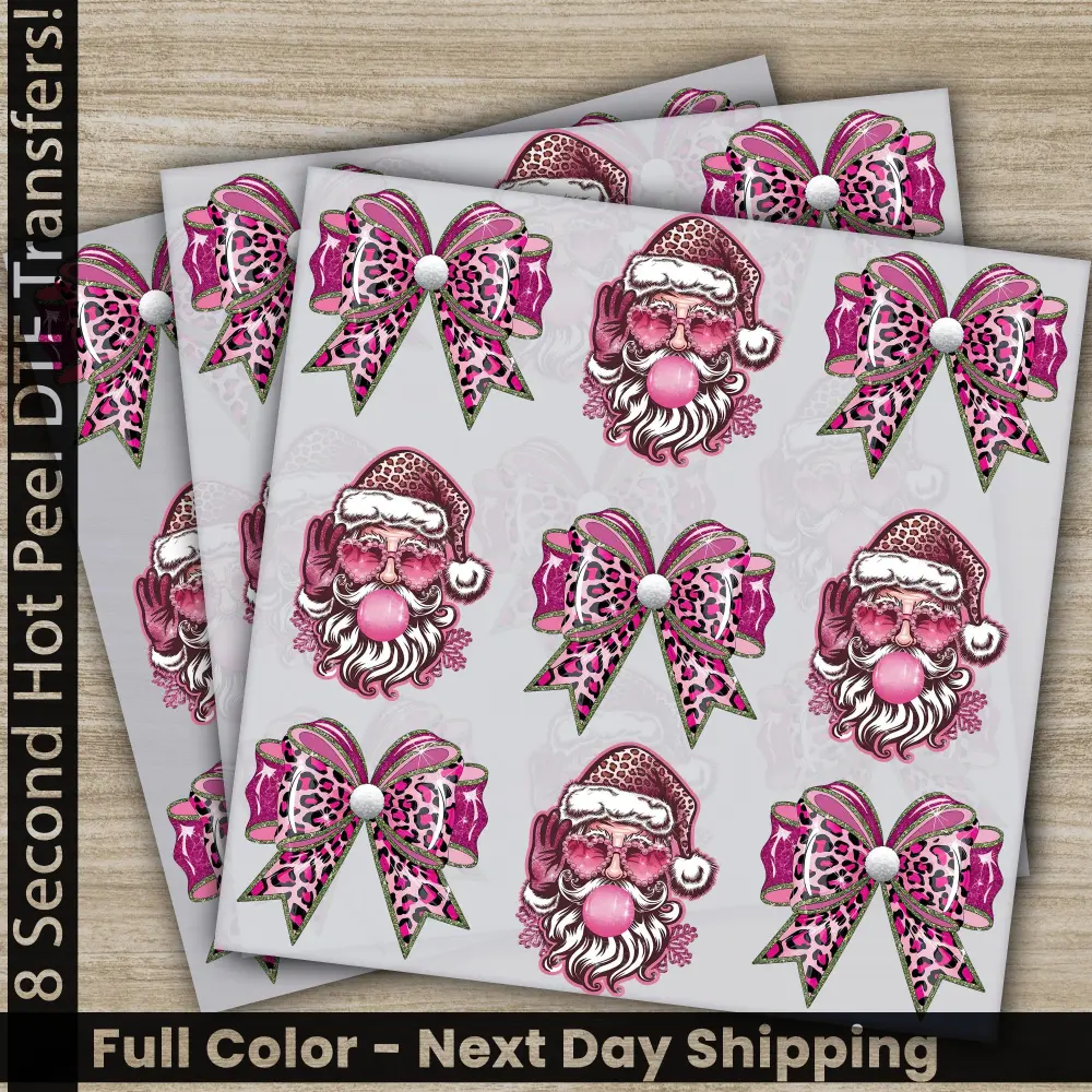 Bow, Santa, Christmas DTF Transfers, Ready to Press, Personalized Gifts, Direct to Film, Sublimation Screen Prints, Fast Shipping