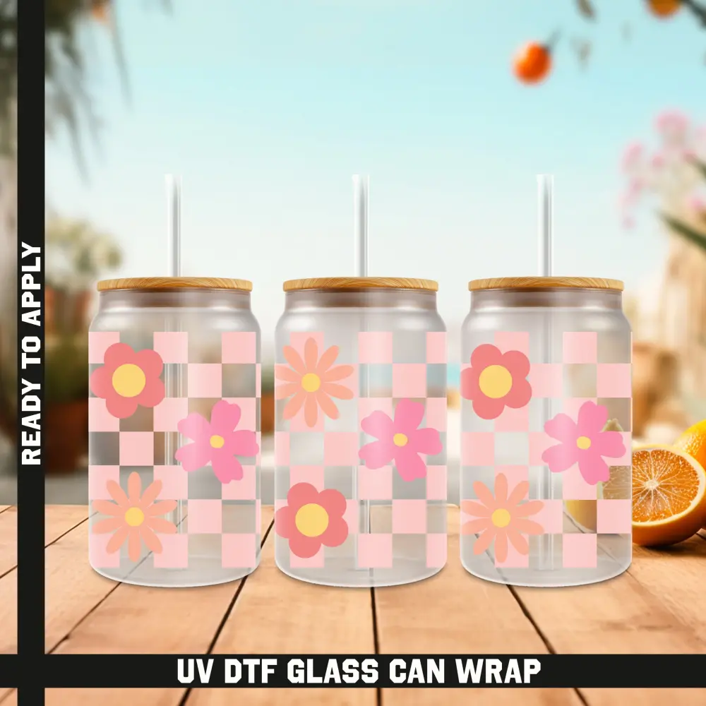 Chekered Flowers Ready To Apply UV DTF, 16oz cup Wrap