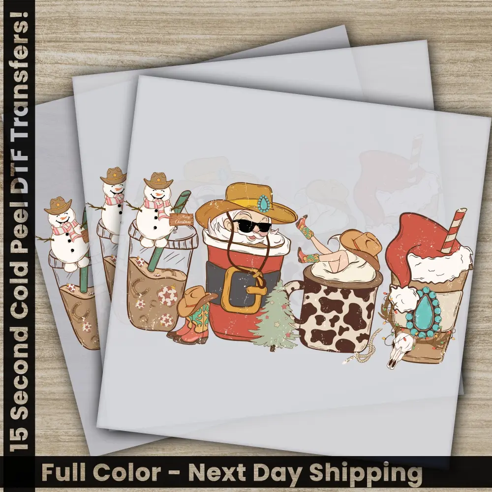 Christmas Coffee Cups, Ready to Press, DTF Christmas Transfers, High Quality, DTF Prints, Fast Shipping, Howdy Santa Christmas Glass PNG