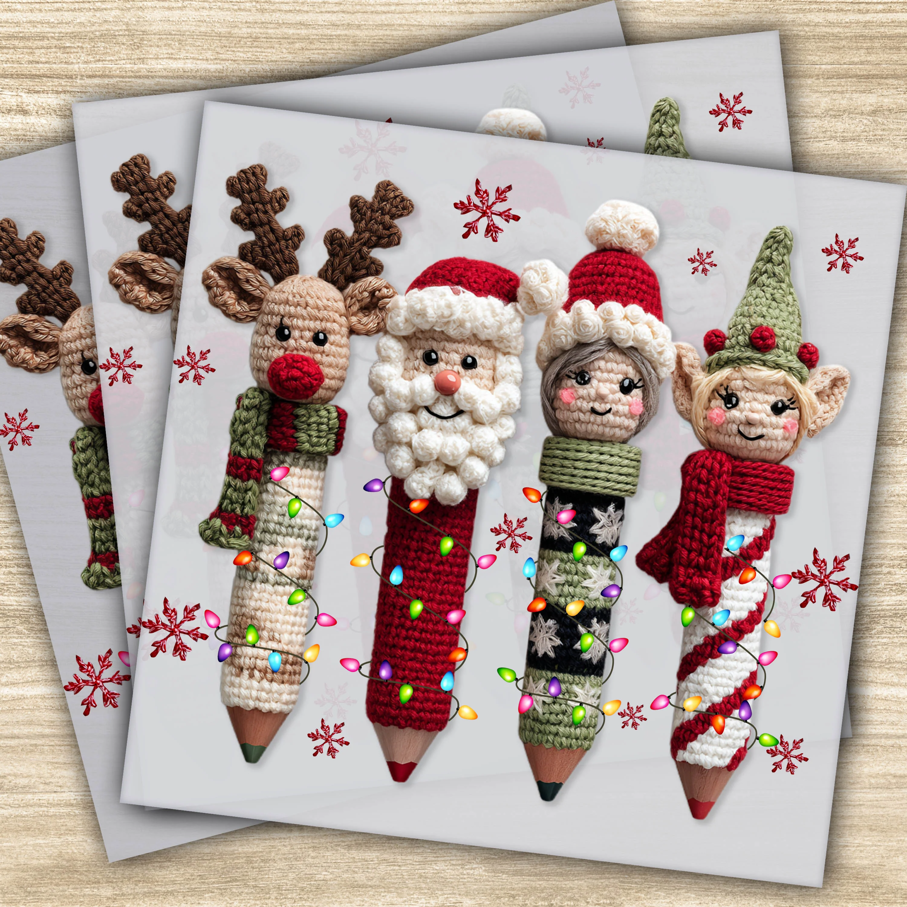 Ready to Press DTF Transfer – Christmas Pencil Family with Santa, Reindeer, Elf & Mrs. Claus in Faux Yarn