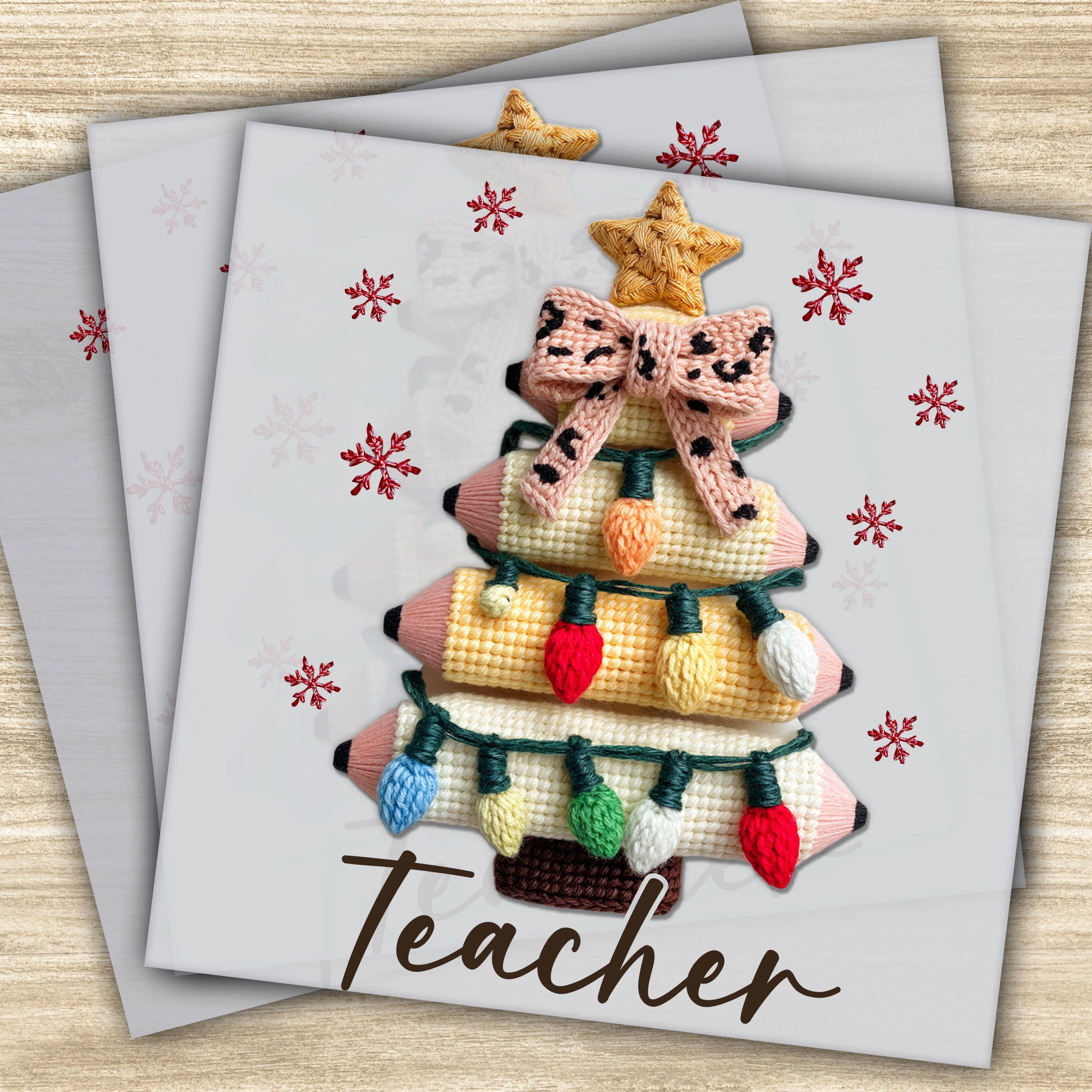 Ready to Press DTF Transfer – Christmas Teacher Pencil Tree Design with Faux Yarn Details