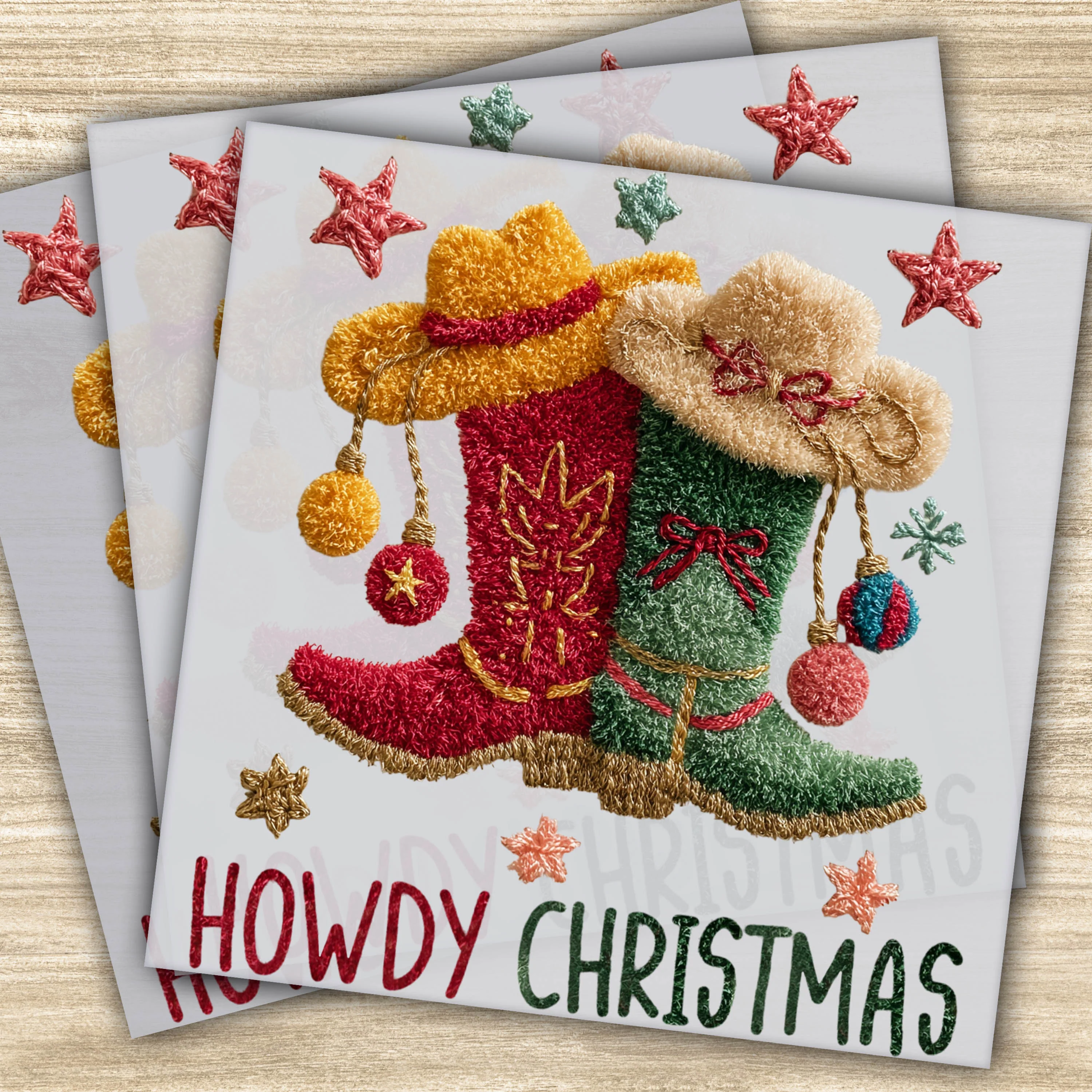 Ready to Press DTF Transfer - Howdy Christmas Cowboy Boots with Faux Yarn, Holiday Apparel Transfer