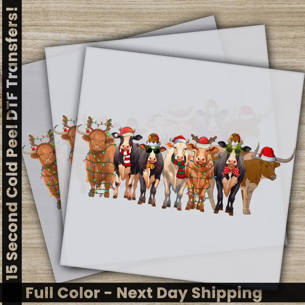 Cow Christmas DTF Transfers, Ready to Press, Personalized Gifts, Direct to Film, Sublimation Screen Prints, Fast Shipping