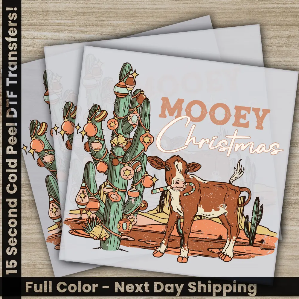 Cow Mooey Christmas DTF Transfers, Ready to Press, Personalized, Direct to Film, Sublimation Screen Prints, Fast Shipping
