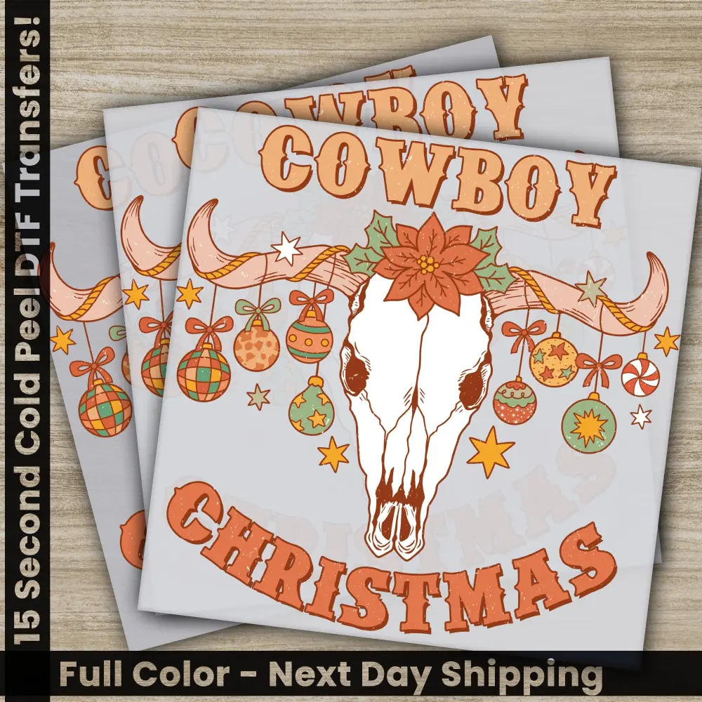 Cowboy Christmas, Christmas DTF Transfers, Personalized Sublimation Prints for Shirts, Ready to Press, High Quality, Fast Shipping