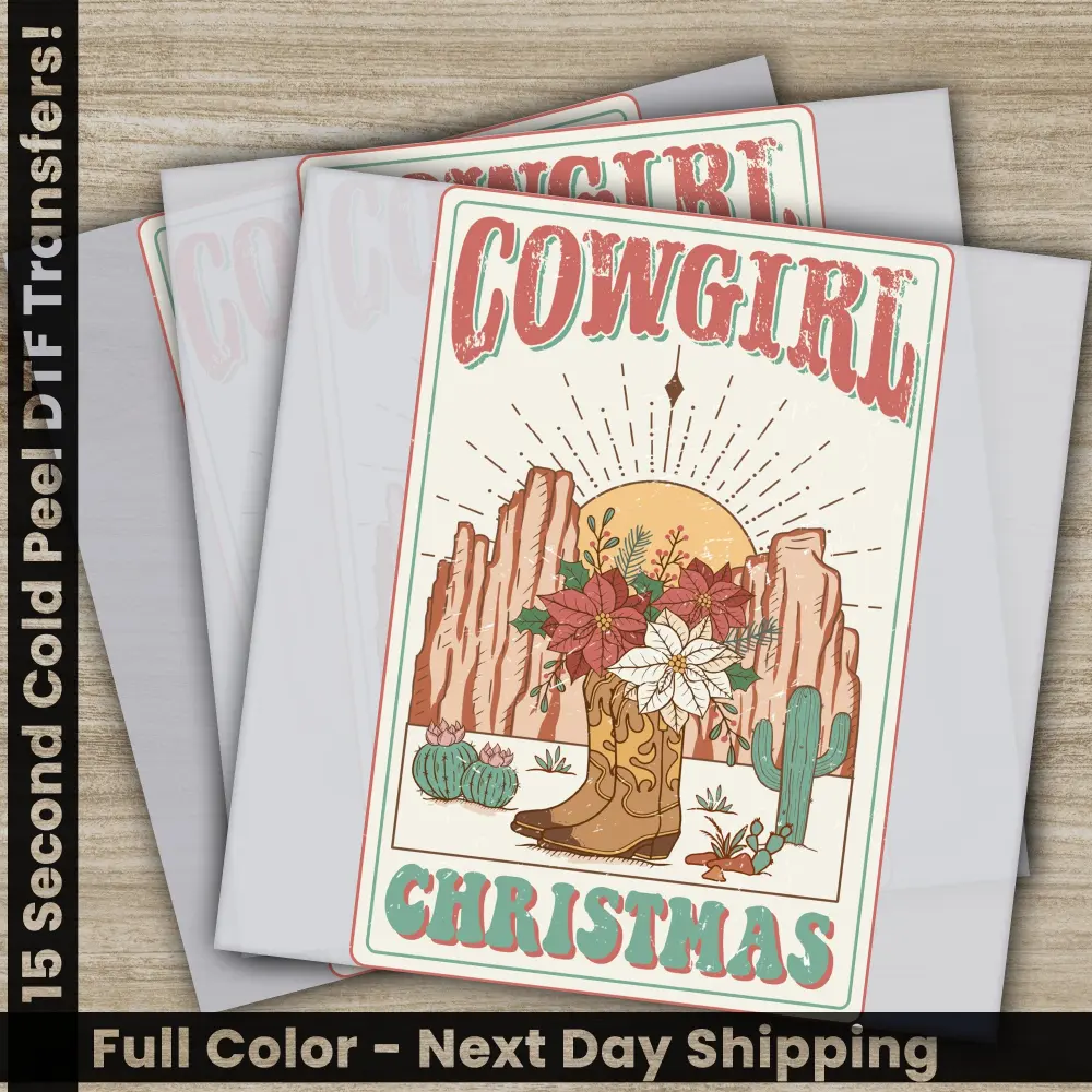 Cowgirl Christmas, Christmas DTF, Personalized Transfers, Ready to Press, High Quality, Fast Shipping, Cowgirl Boot PNG, Western Boots Png