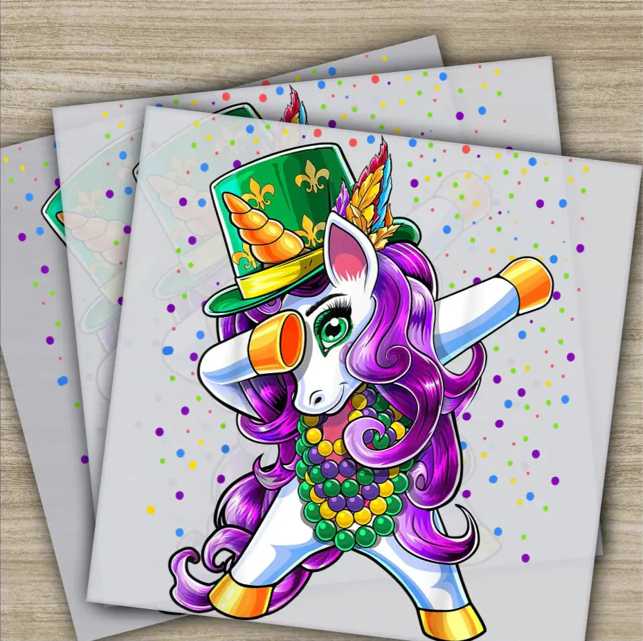 Dabbing Unicorn, Mardi Gras Transfers, Ready to Press, Personalized DTF Transfers, Mardi Gras Gifts, High Quality, Heat Press DTF Transfers