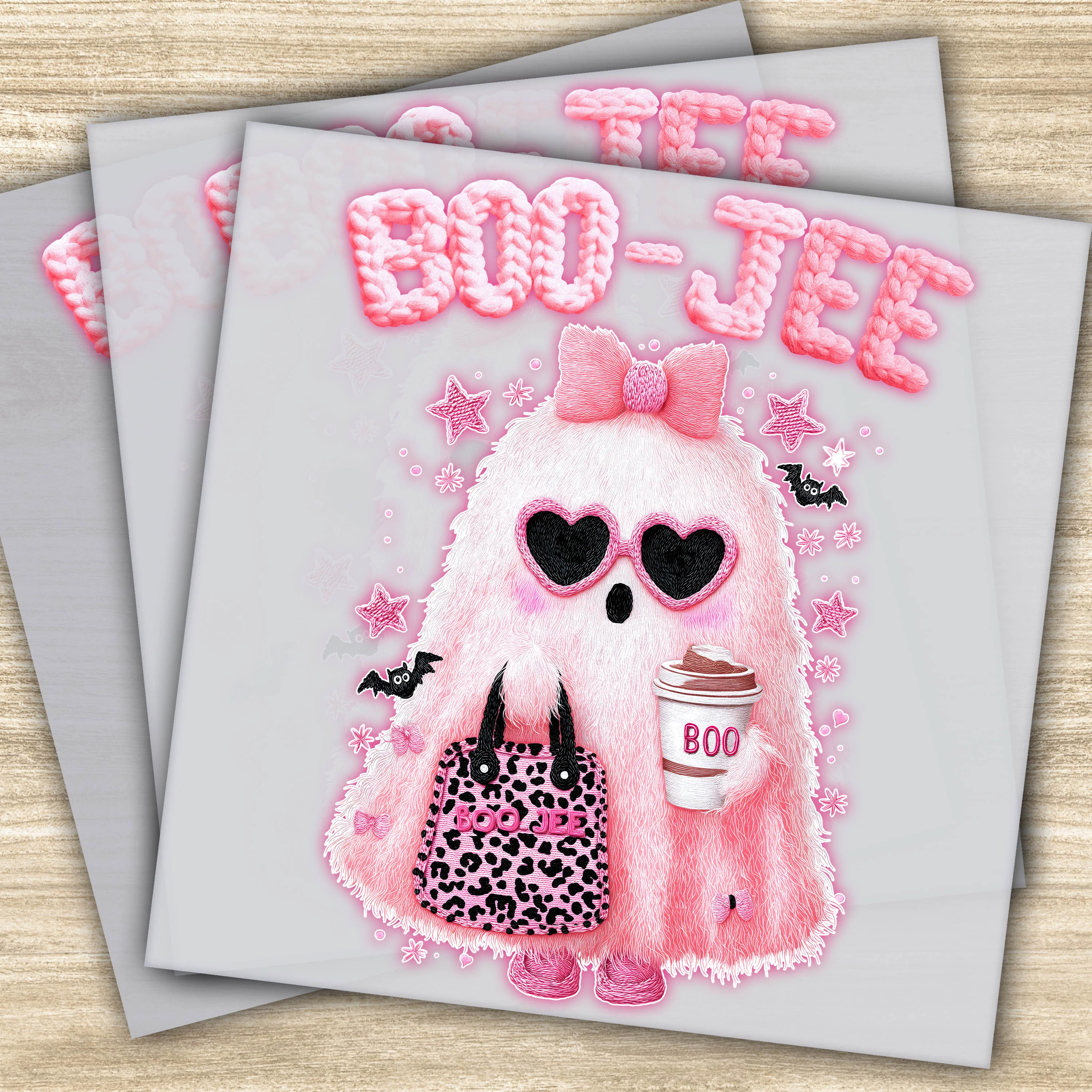 Faux Yarn DTF Transfer - Boo-Jee Halloween Ghost, Pink Ghost Design, Ready to Press