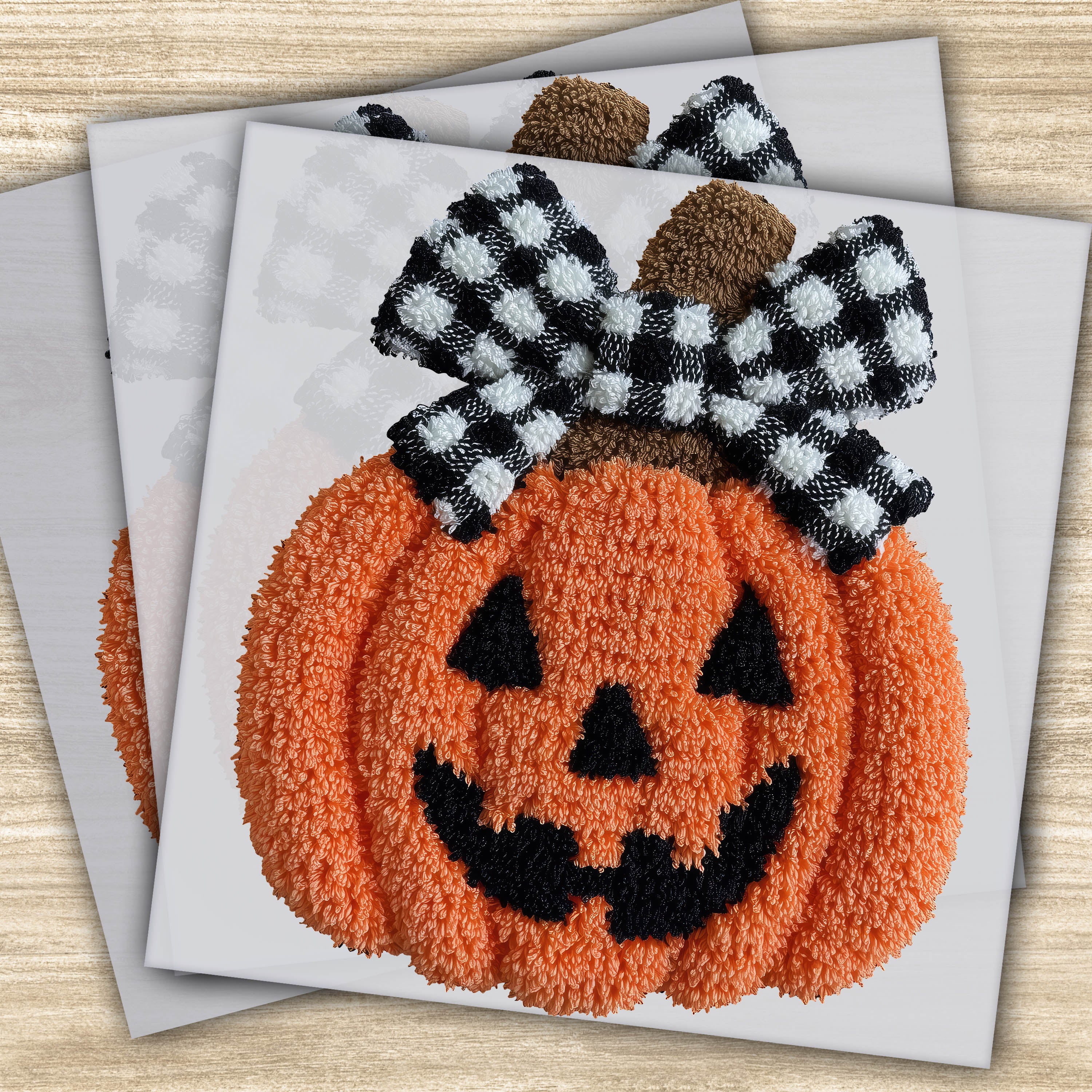 Faux Yarn DTF Transfer - Halloween Pumpkin with Checkered Bow, Jack-o'-Lantern Design, Ready to Press