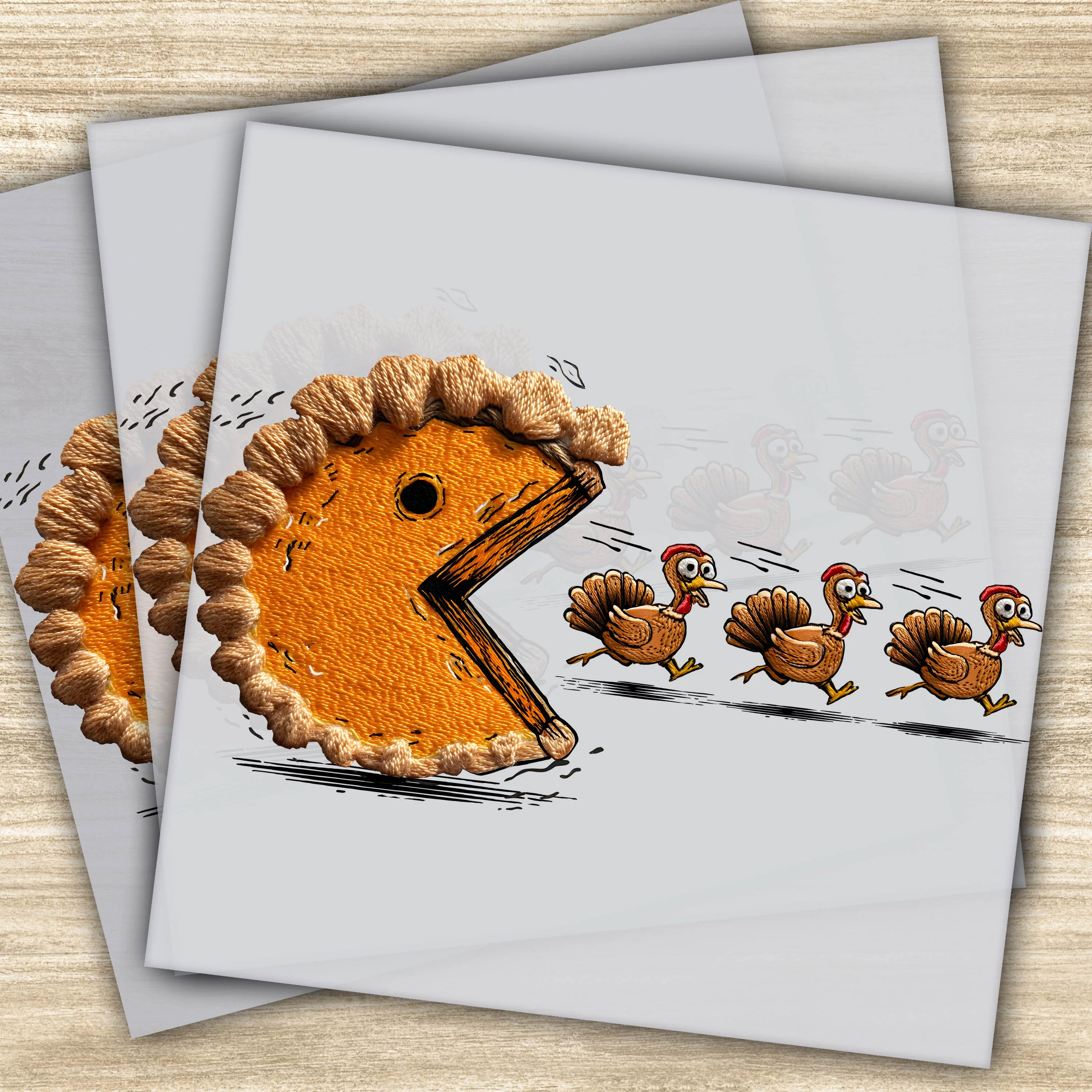 Faux Yarn DTF Transfer - Turkey Pac-Man Pie Design, Funny Thanksgiving, Ready to Press