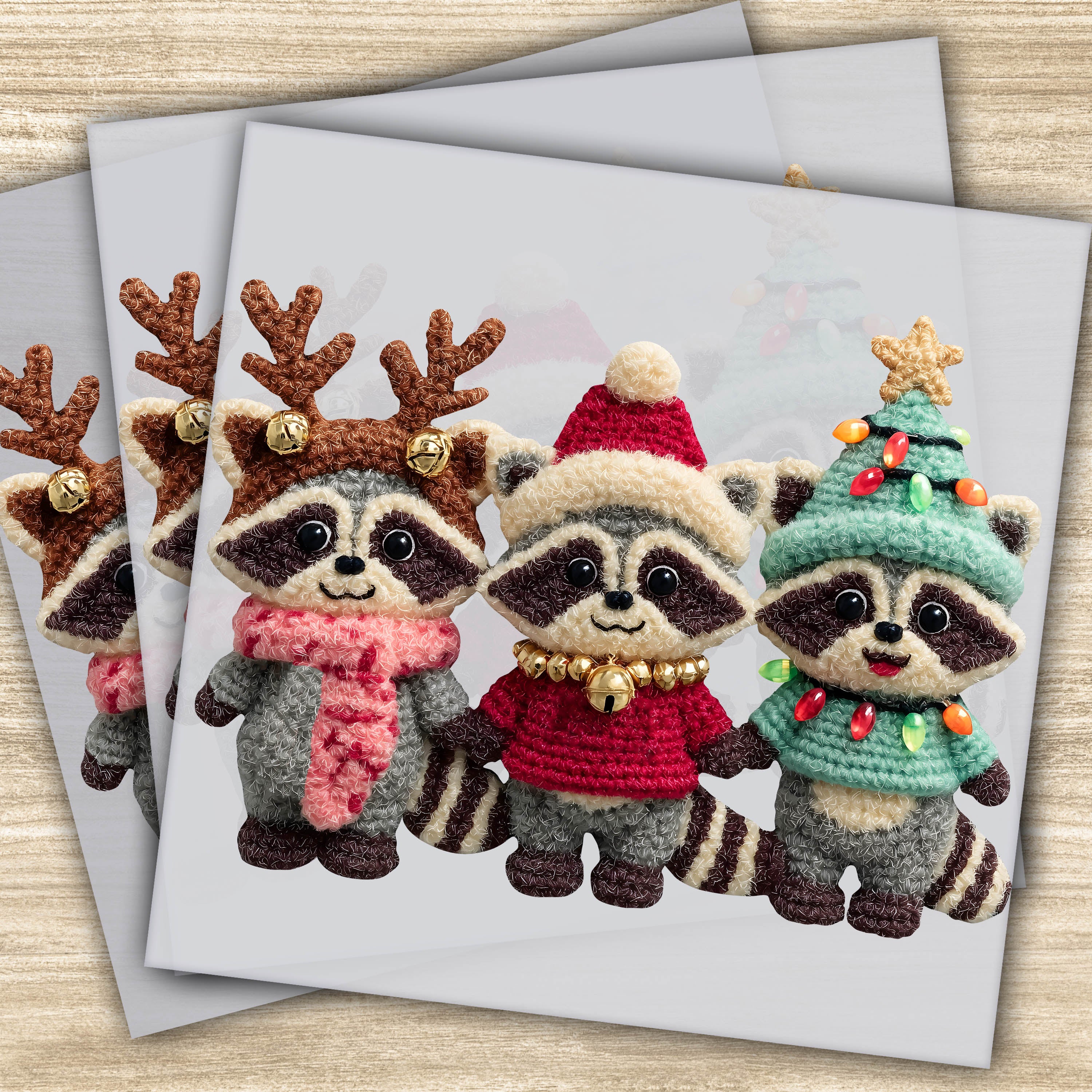 Faux Yarn DTF Transfer - Christmas Raccoon Trio with Santa Hat, Reindeer Antlers & Christmas Tree, Ready to Press Holiday Design