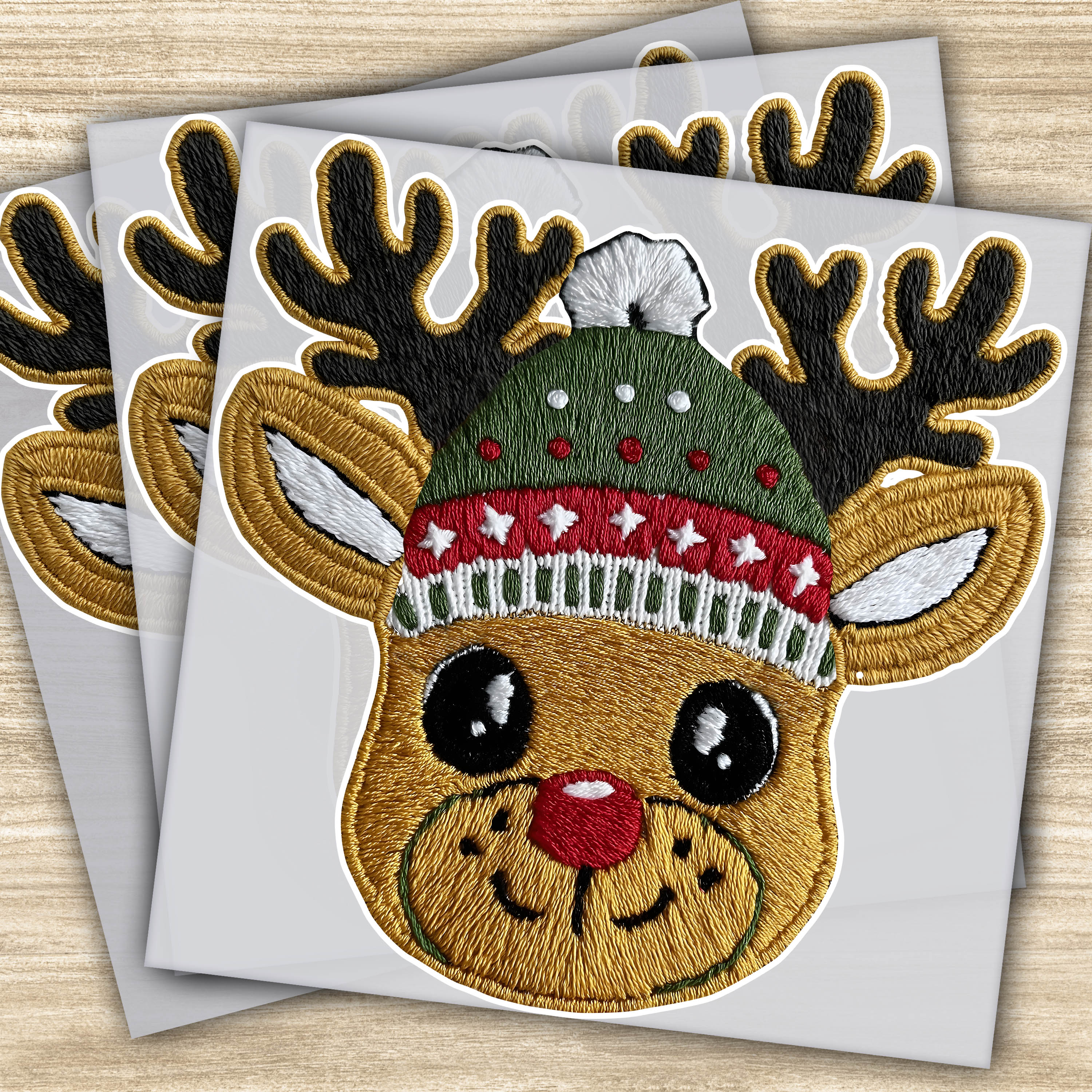 Faux Yarn DTF Transfer - Christmas Reindeer with Hat and Antlers, Ready to Press