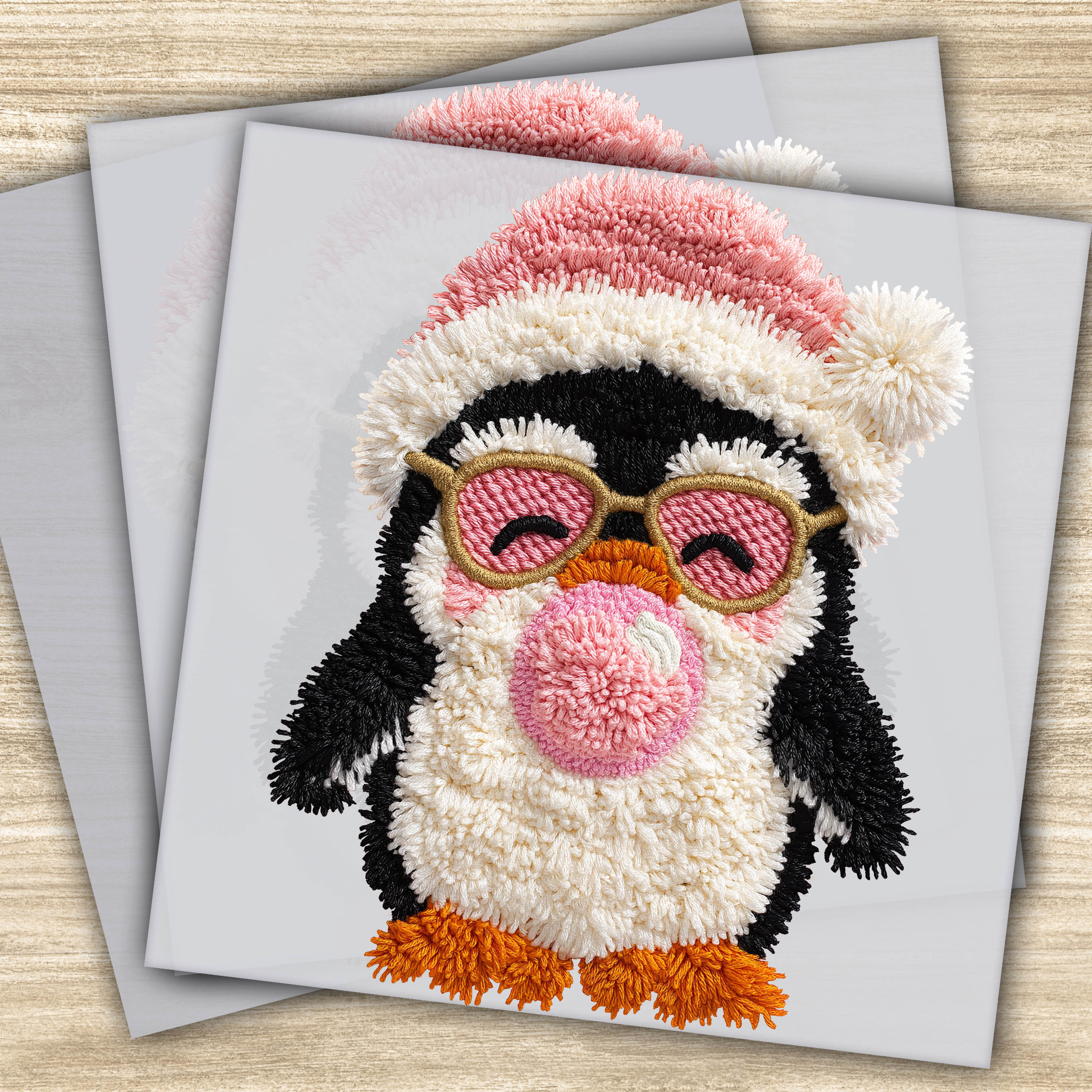 Faux Yarn DTF Transfer - Christmas Penguin with Santa Hat and Glasses, Ready to Press Holiday Design