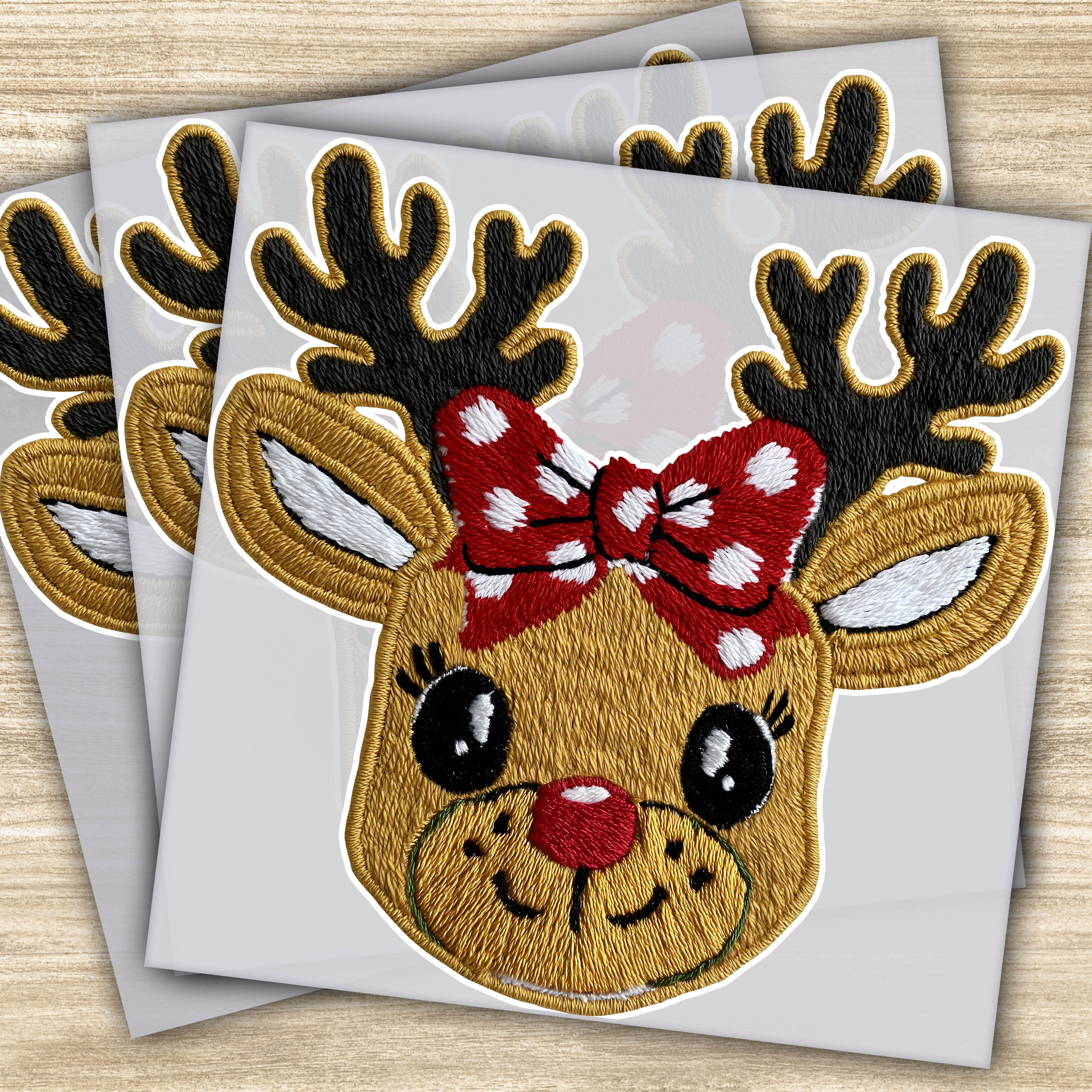 Faux Yarn DTF Transfer - Reindeer with Polka Dot Bow, Christmas Design, Ready to Press