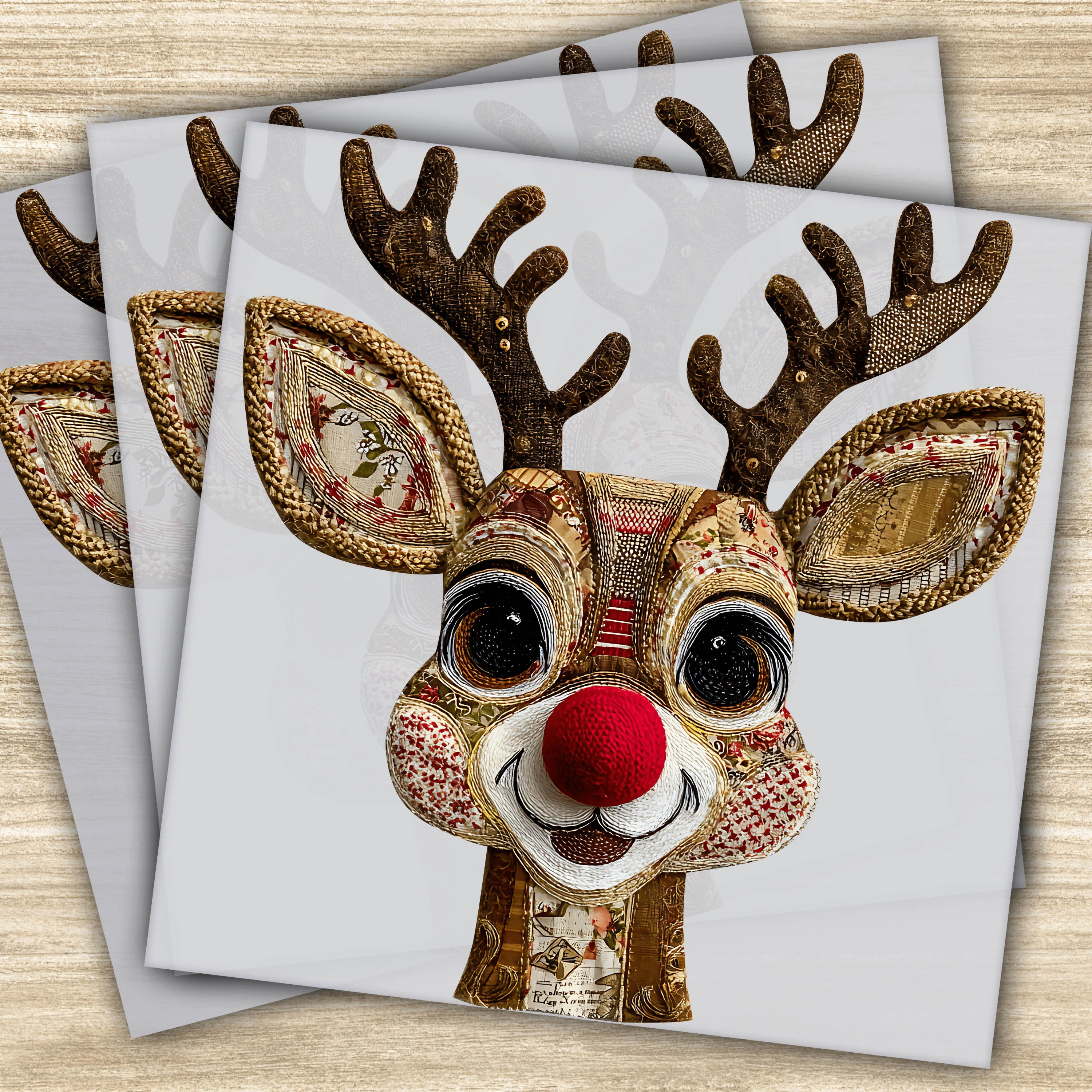 Faux Yarn DTF Transfer - Quilted Reindeer Design with Red Nose, Ready to Press