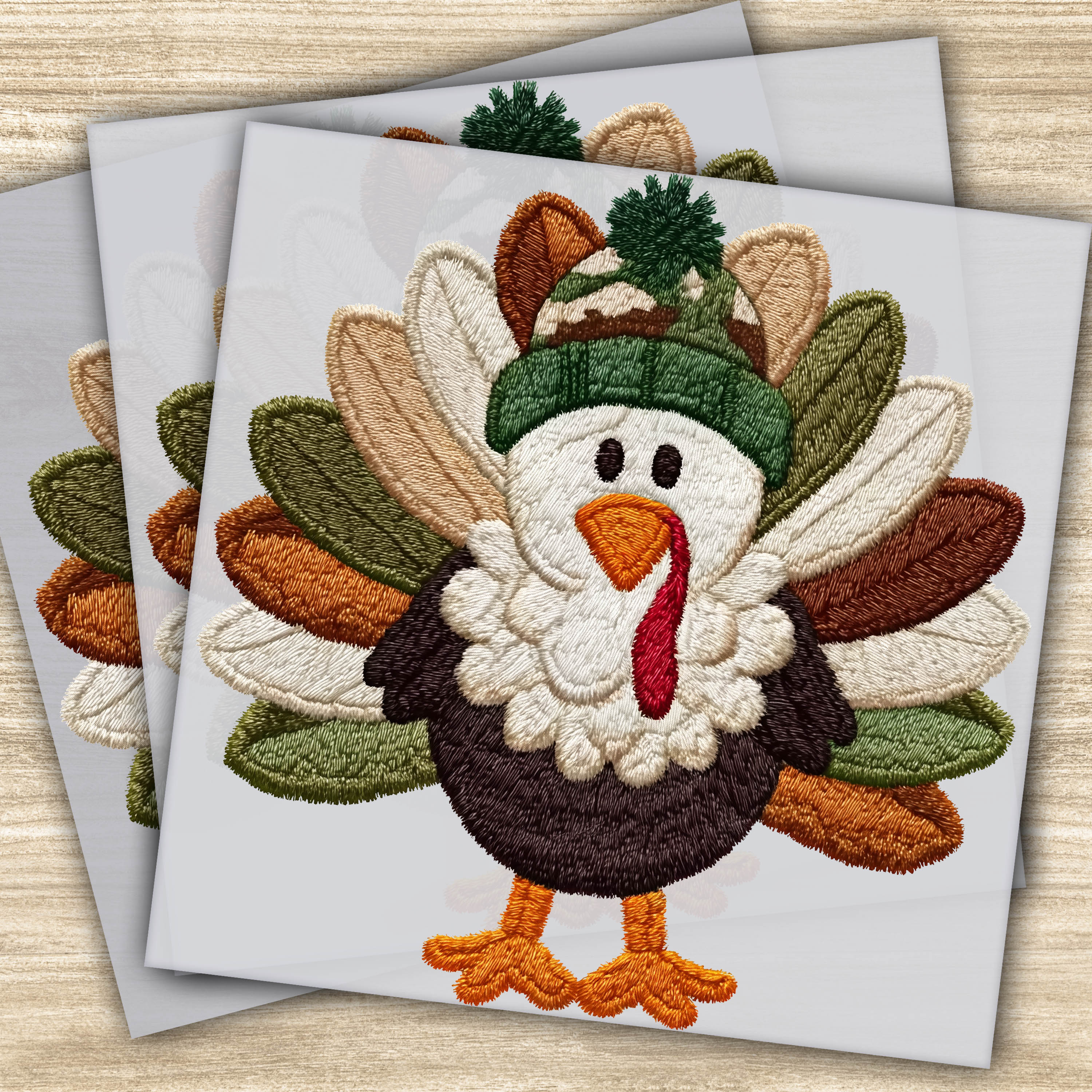 Faux Yarn DTF Transfer - Thanksgiving Turkey with Winter Hat Design, Ready to Press Fall Transfer