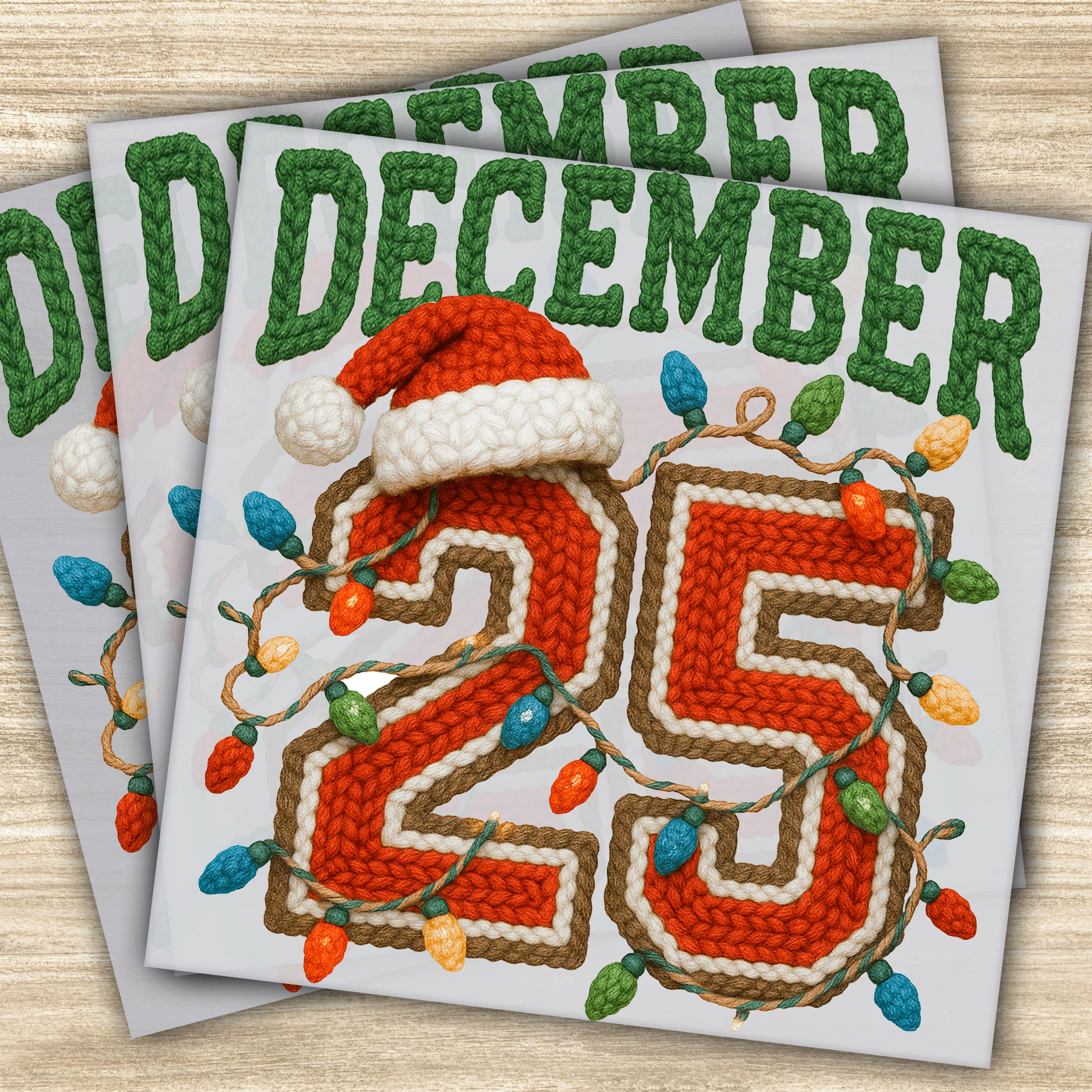 Faux Yarn DTF Transfer - 25 December Christmas Design with Santa Hat, Holiday Lights, Ready to Press