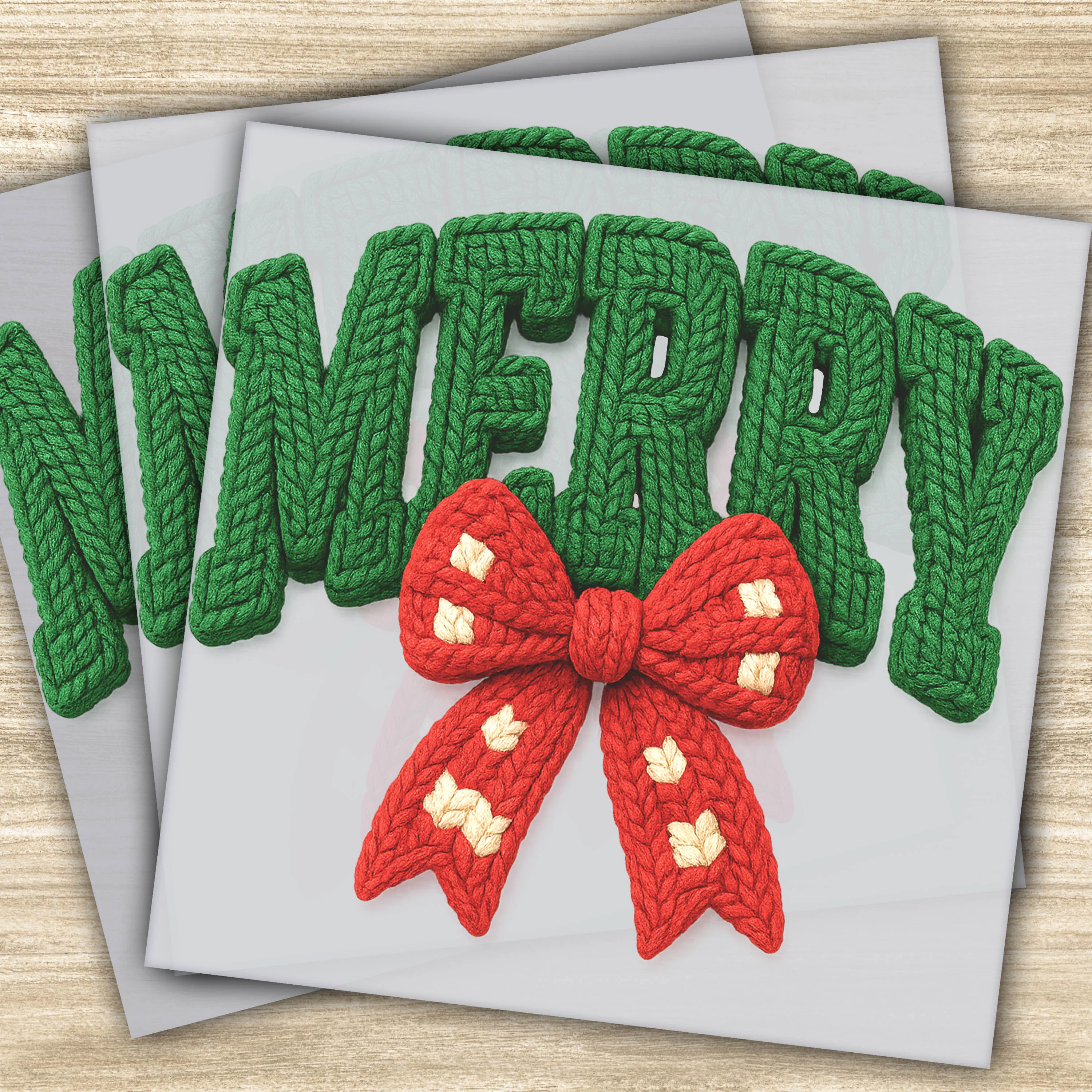 Faux Yarn DTF Transfer - Merry Christmas with Green Yarn & Red Bow, Ready to Press