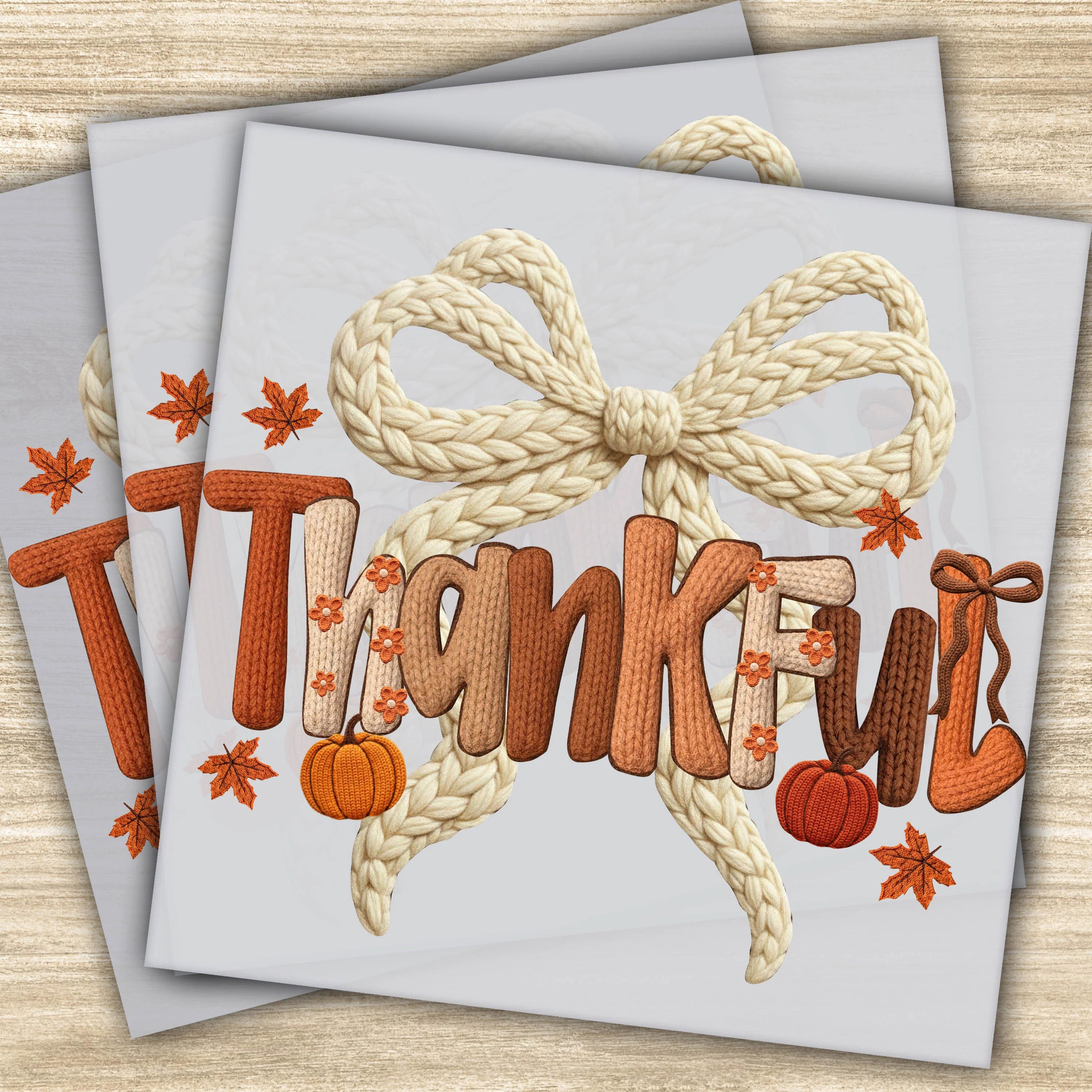 Faux Yarn DTF Transfer - Thankful with Fall Leaves, Pumpkin, and Bow, Ready to Press