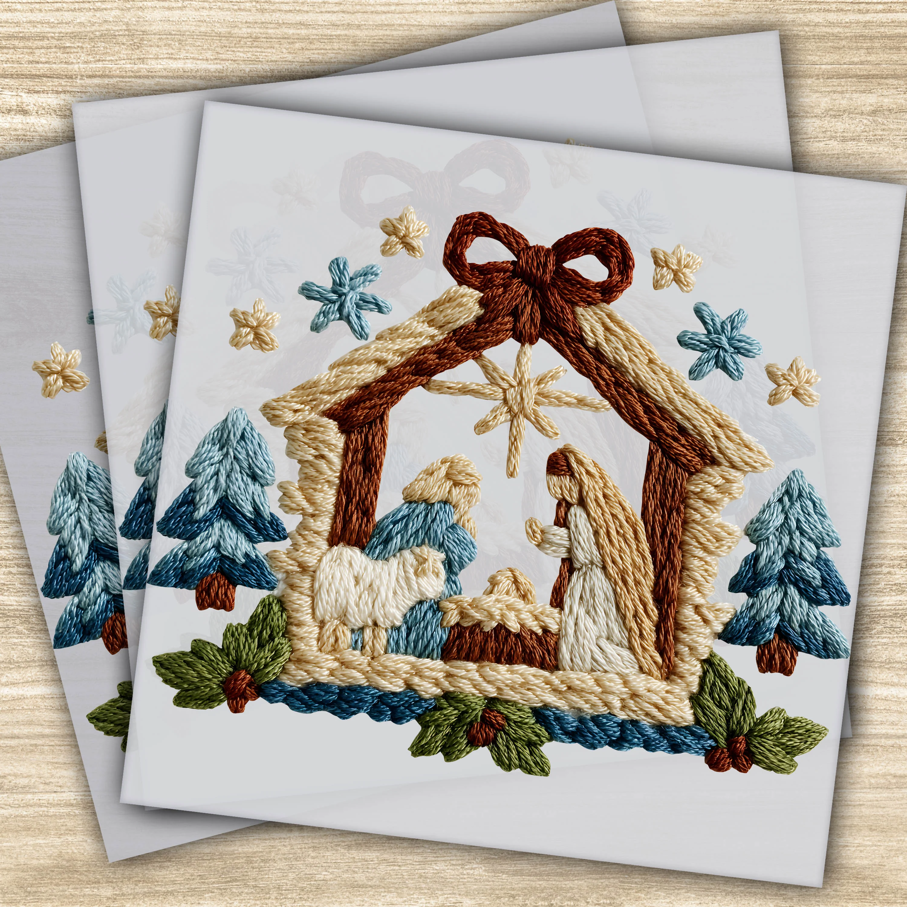 Faux Yarn DTF Transfer - Nativity Scene with Brown Bow, Christmas Design, Ready to Press