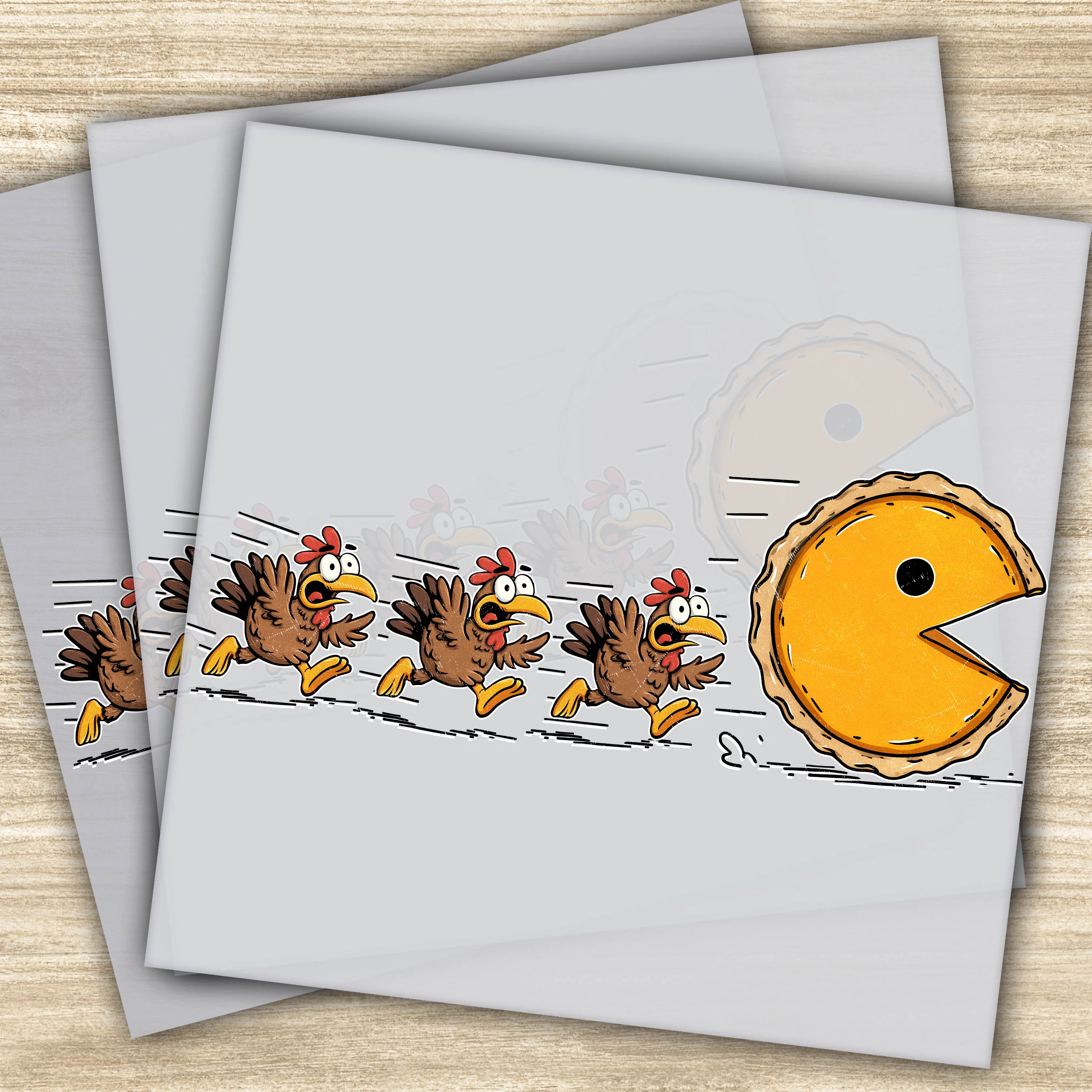 Faux Yarn DTF Transfer - Chicken Pac-Man Pie Design, Funny Farm Animal, Ready to Press