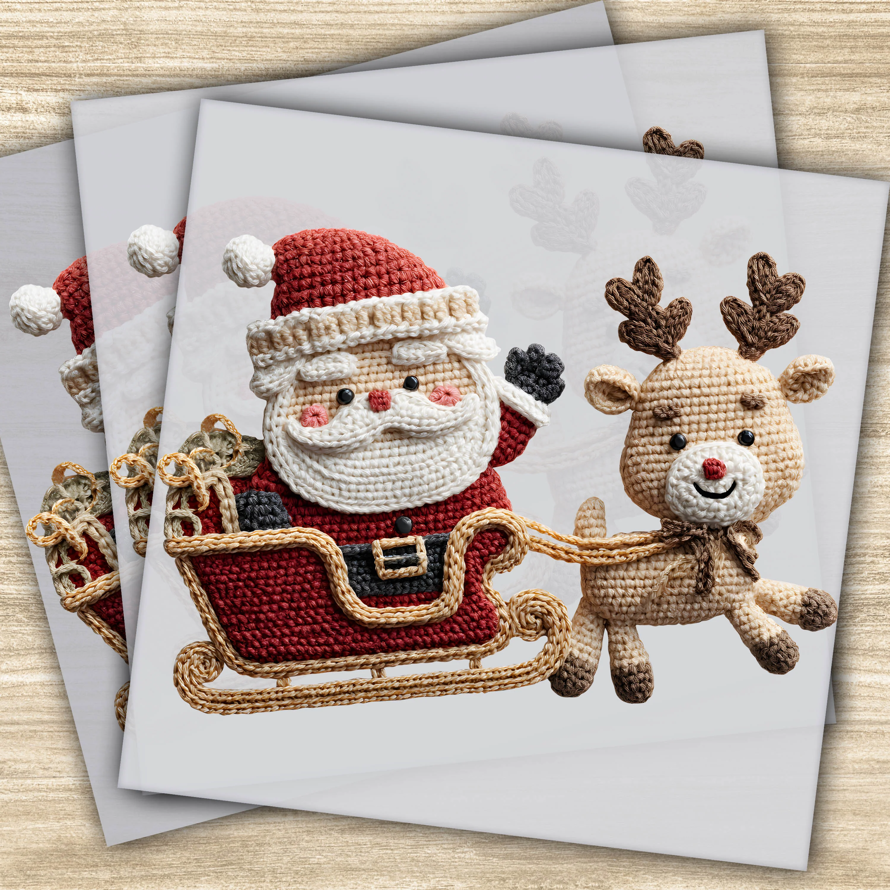 Faux Yarn DTF Transfer - Santa & Reindeer in Sleigh Christmas Design, Ready to Press Holiday Transfer