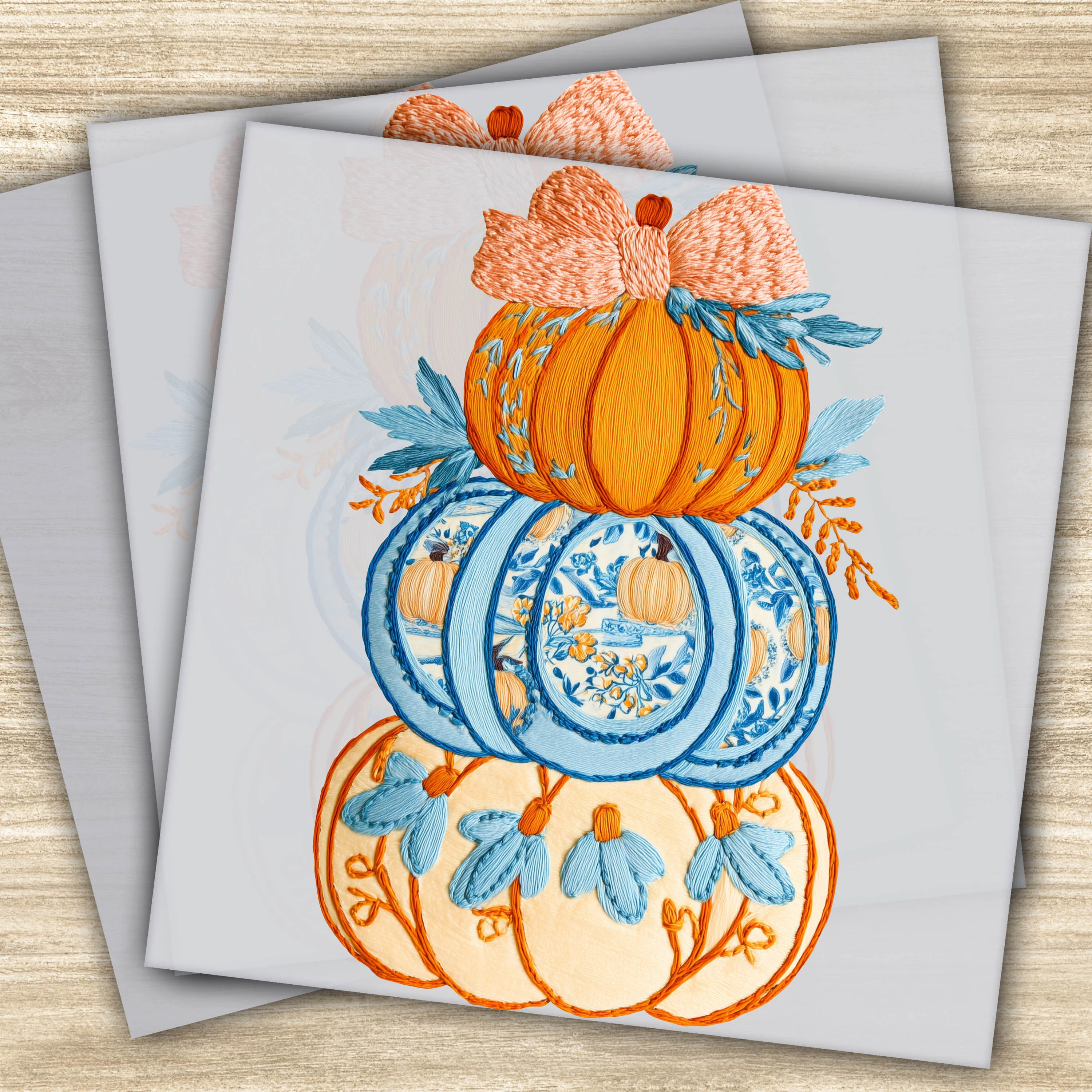Faux Yarn DTF Transfer - Stacked Pumpkin Design with Blue and Orange Bow, Autumn Fall Decor, Ready to Press