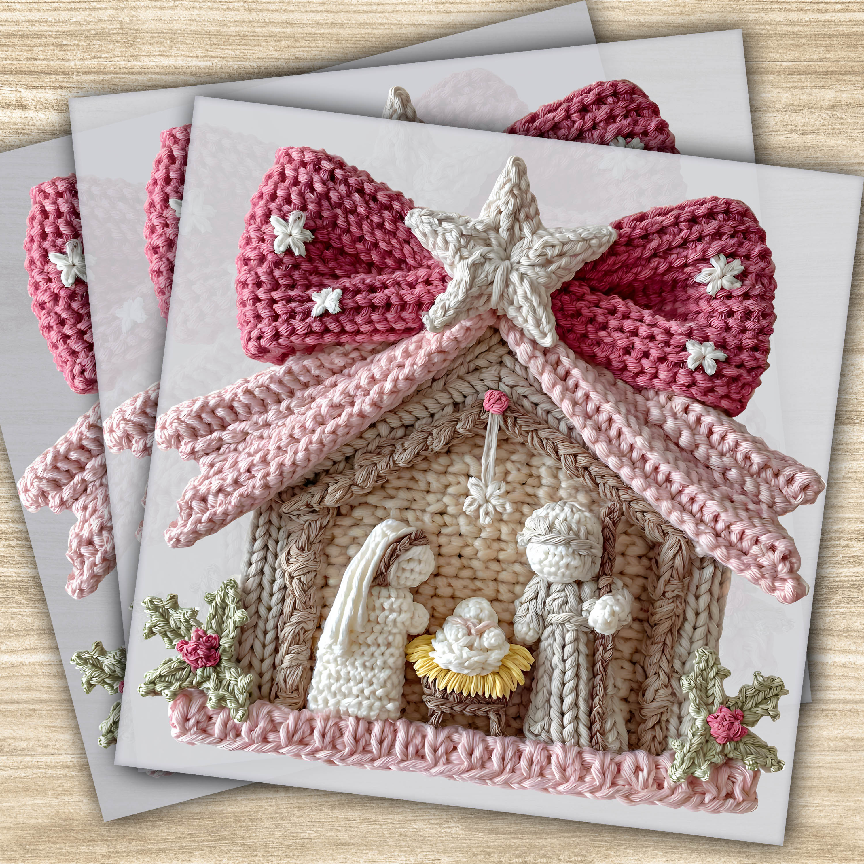 Faux Yarn DTF Transfer - Nativity Scene with Pink Bow, Christmas Design, Ready to Press