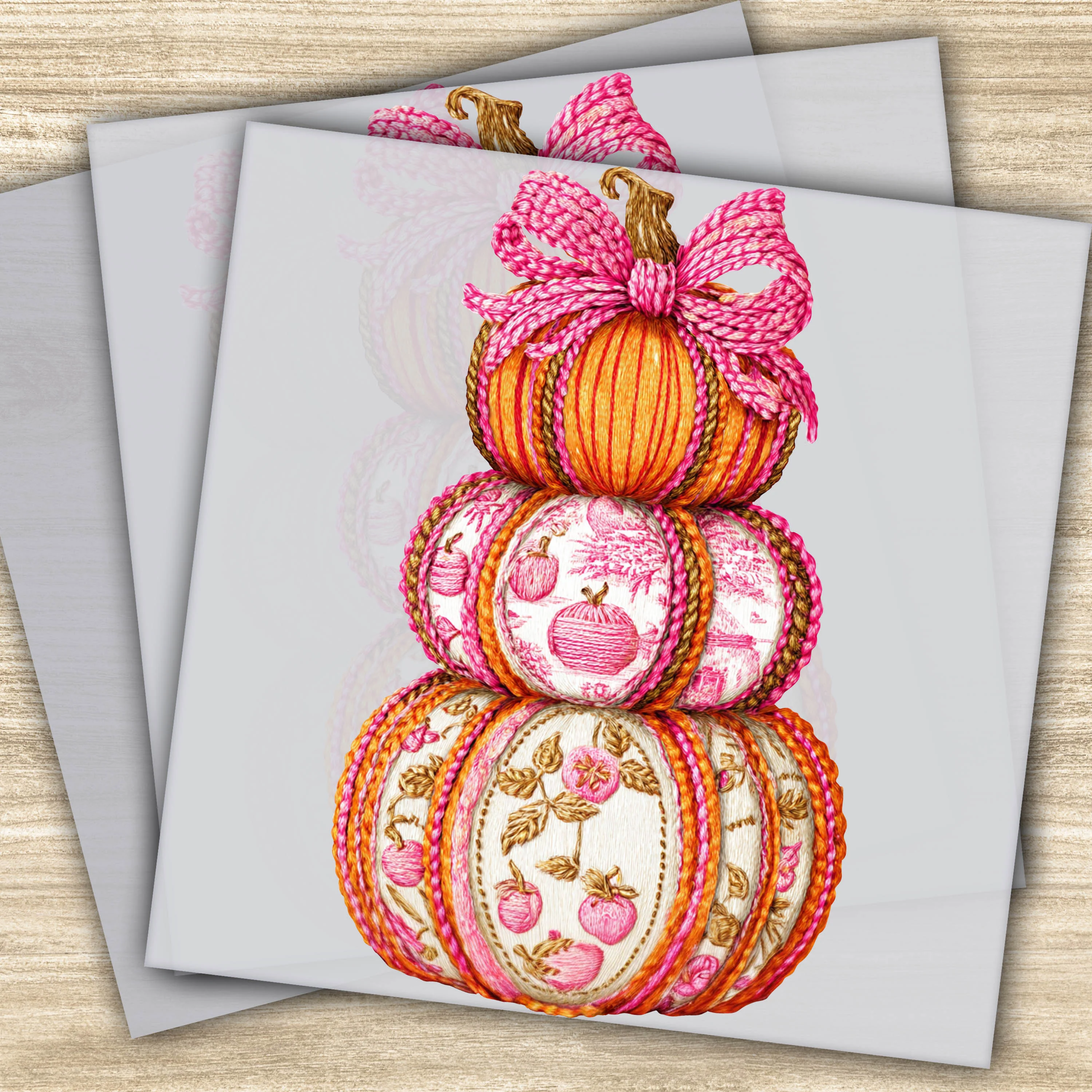 Faux Yarn DTF Transfer - Stacked Pumpkin Design with Floral Print and Pink Bow, Fall Decor, Ready to Press