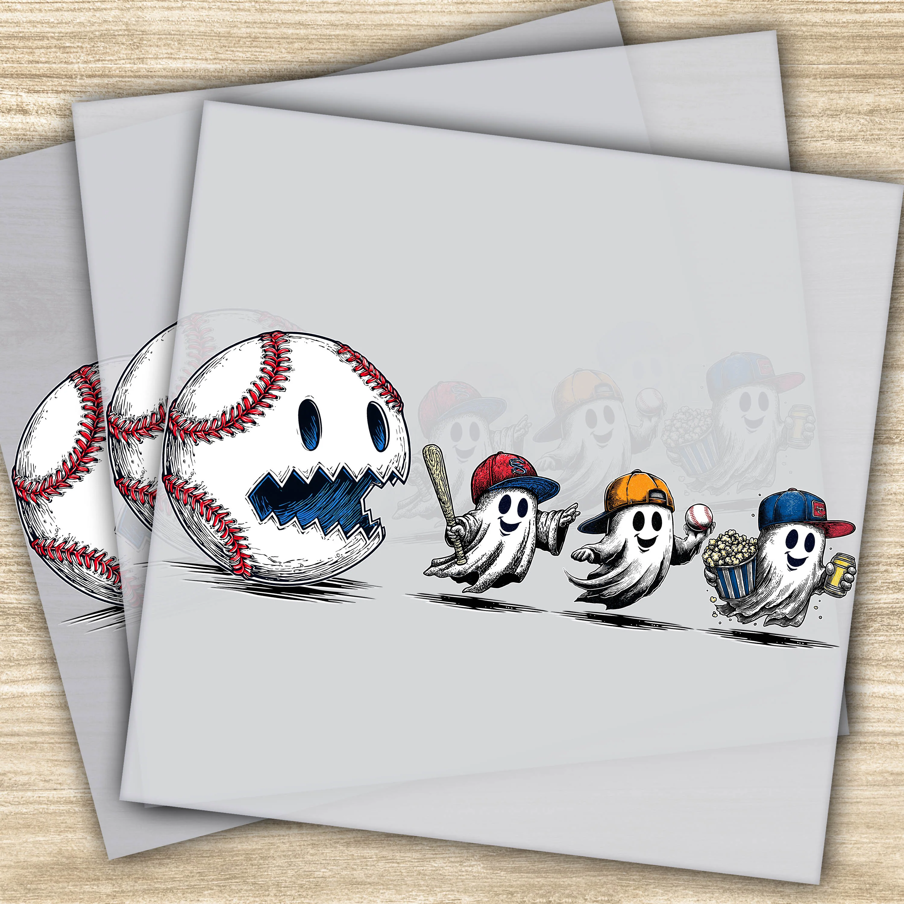 Faux Yarn DTF Transfer - Baseball Ghosts, Halloween, Sports Design, Ready to Press