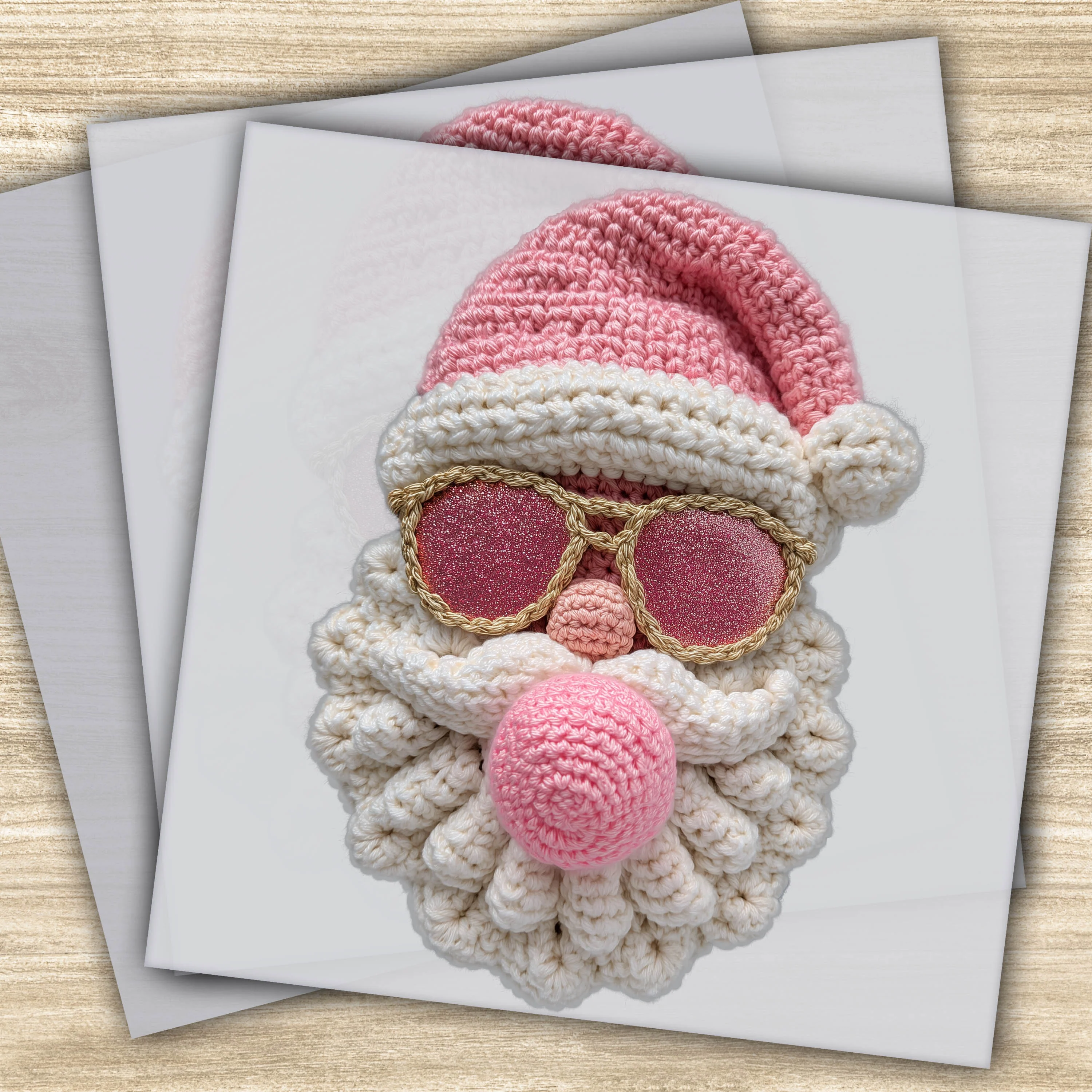 Faux Yarn DTF Transfer - Pink Santa with Sunglasses Christmas Design, Ready to Press Holiday Transfer