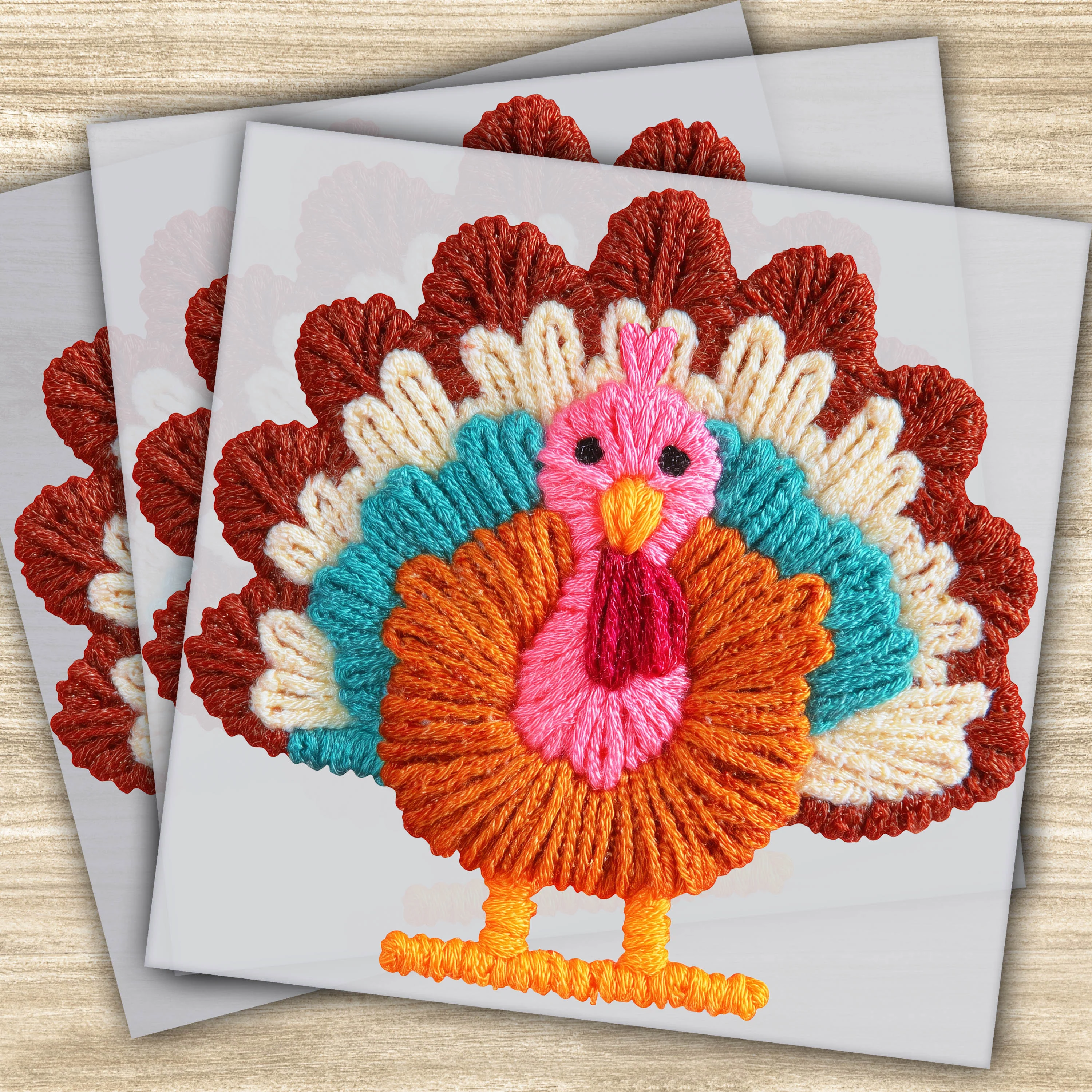 Faux Yarn DTF Transfer - Colorful Turkey Design, Ready to Press Thanksgiving Transfer