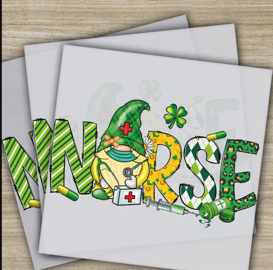 Gnomie, Nurse, St. Patrick's Day Transfers, Ready to Press, Personalized DTF Transfers, St. Patrick's Gifts, Heat Press DTF Transfers
