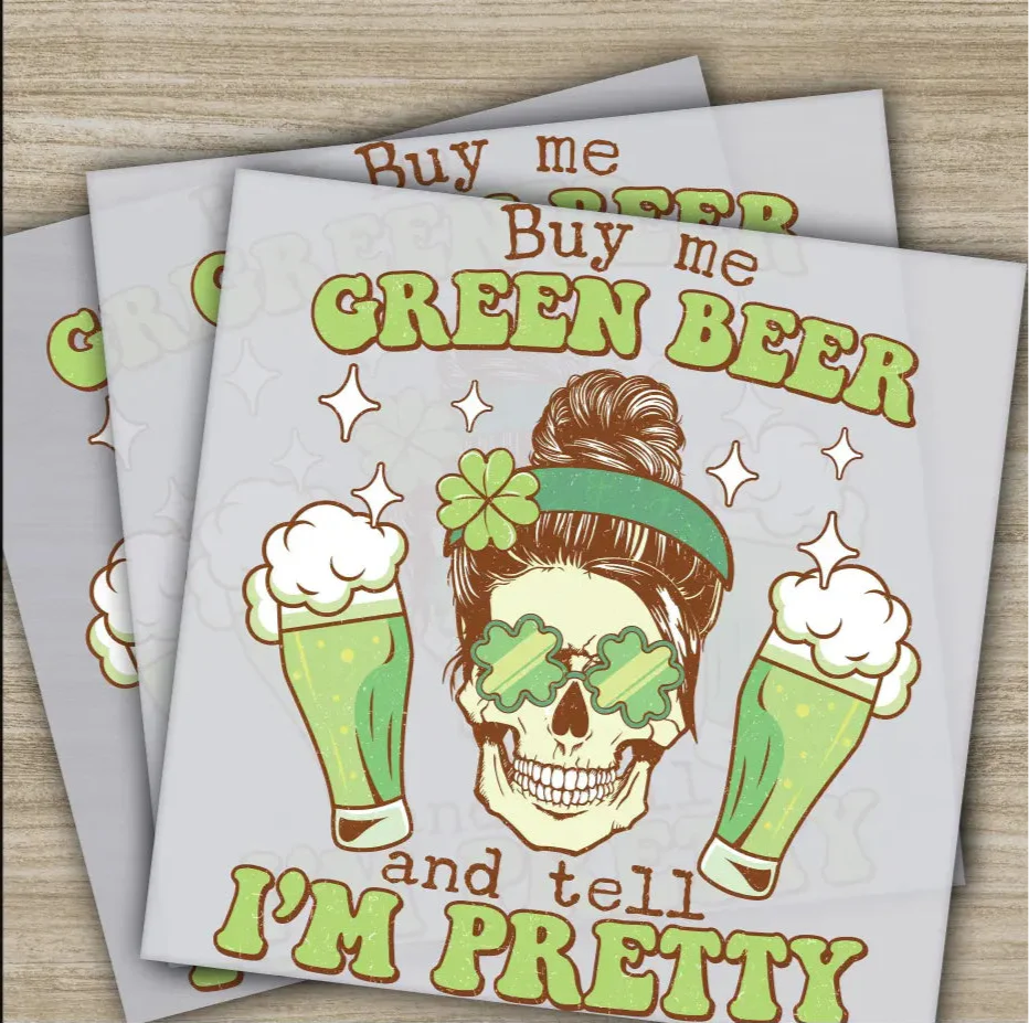 Green Beer, Green Skull, St. Patrick's Day Transfers, Ready to Press, Personalized DTF Transfer, St. Patrick's Gift, Heat Press DTF Transfer