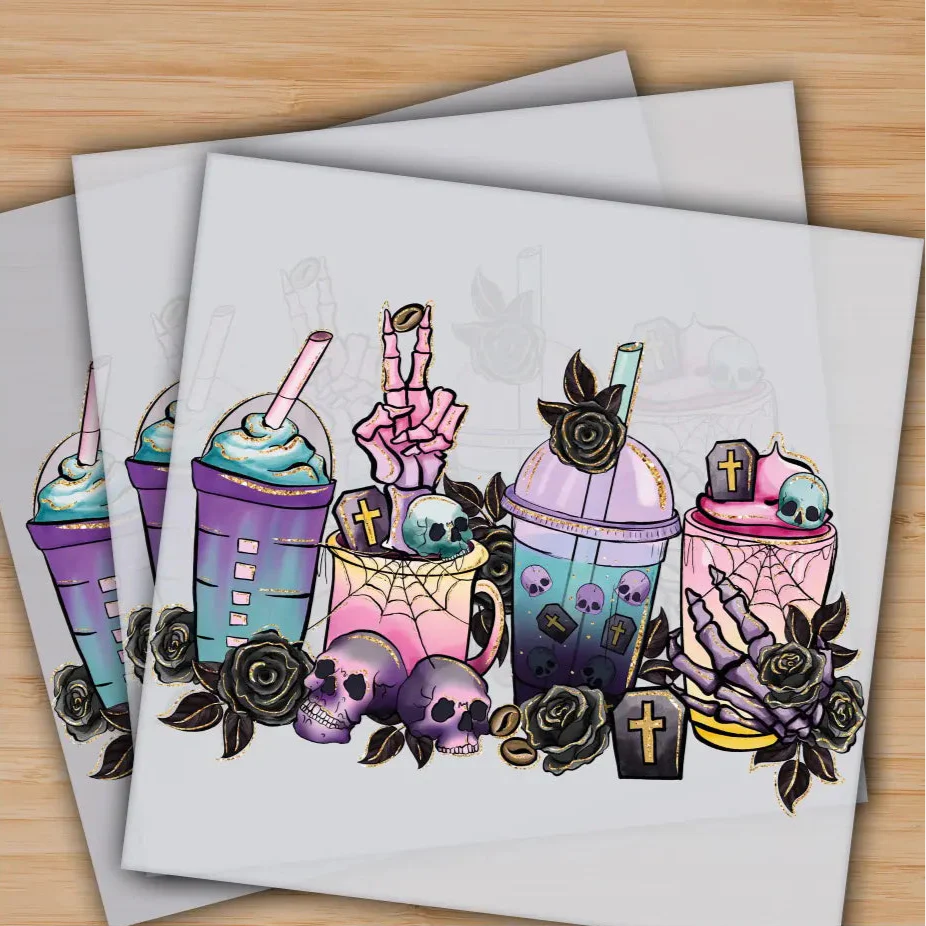 Halloween Coffee Cups, Halloween Skull Coffee, Ready to Press, Personalized Gifts, Sublimation DTF Prints, Trendy DTF Prints, Ready for Press, High Quality, Fast Shipping