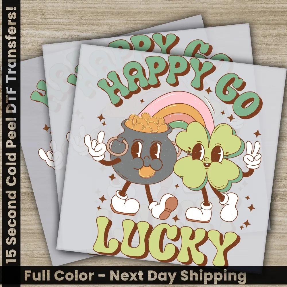 Happy Go Lucky, Gold, St. Patrick's Day Transfers, Ready to Press, Personalized DTF Transfers, St. Patrick's Gifts, Heat Press DTF Transfers