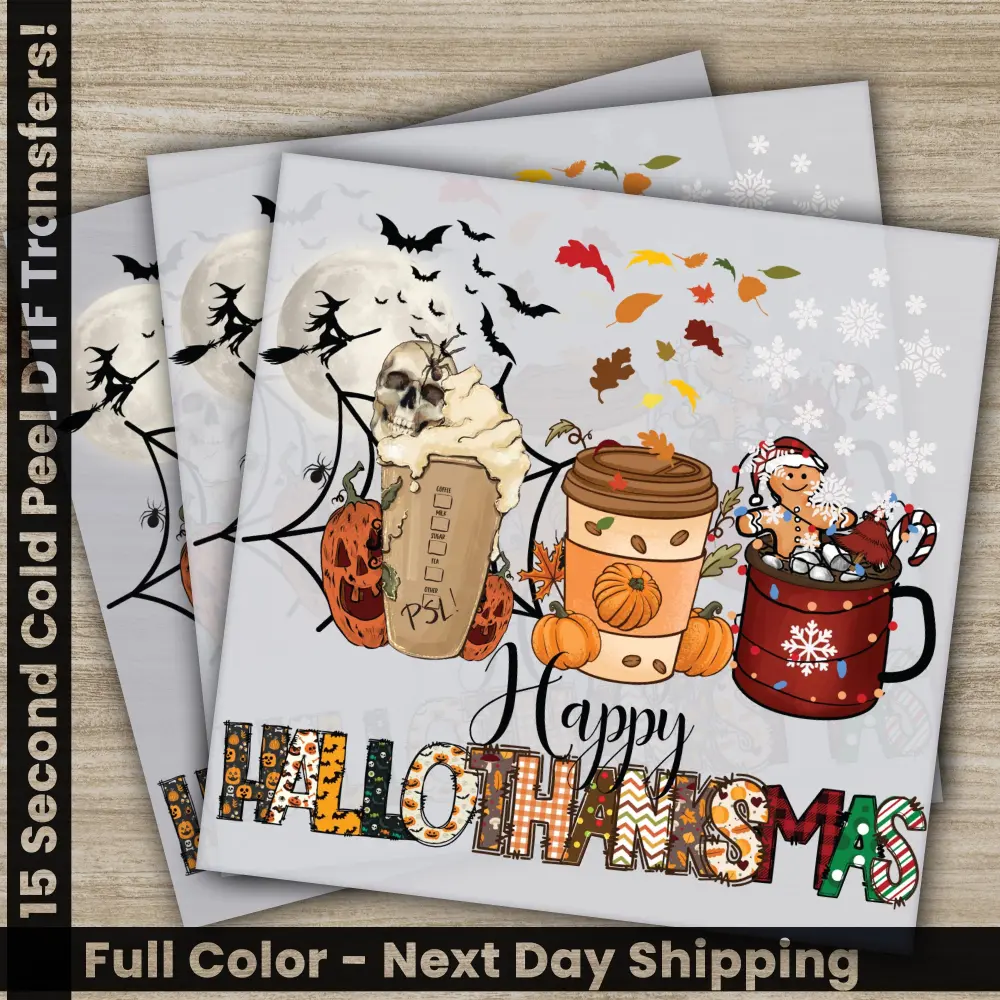 Happy Hallothanksmas, Christmas DTF Transfers, Ready to Press, Personalized Gifts, Direct to Film, Sublimation Screen Prints, Fast Shipping