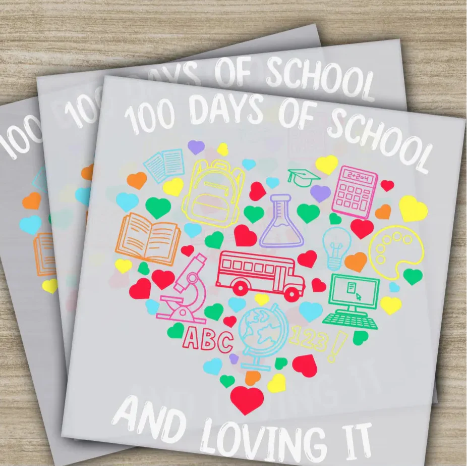 Heart Design, 100 Days Of School Transfers, Ready to Press, Personalized DTF Transfers, 100 Days Of School Gifts, Heat Press DTF Transfers