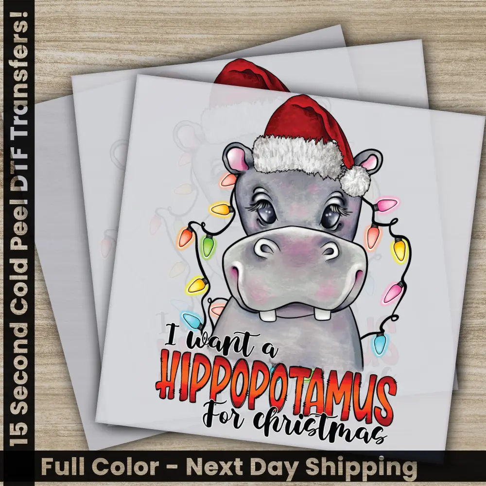 Hippopotamus, Christmas DTF Transfers, Ready to Press, Personalized Gifts, Direct to Film, Sublimation Screen Prints, Fast Shipping