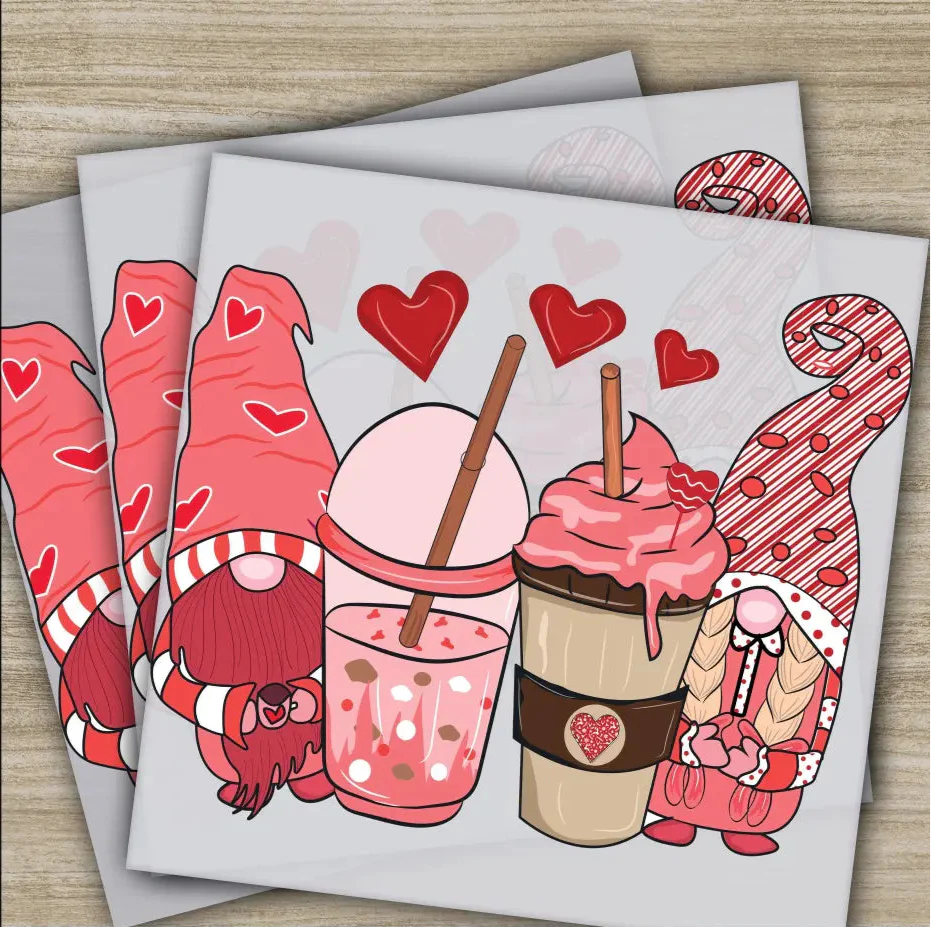 Hot Chocolate Gnomes, Ready to Press, Personalized DTF Transfers, Valentines Gifts, High Quality, Heat Press DTF Transfers
