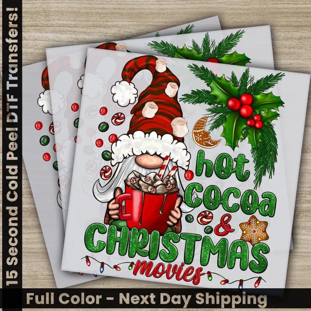 Hot Cocoa Christmas Movies, DTF Transfers, Ready to Press, Personalized Gifts, Direct to Film, Sublimation Screen Prints, Fast Shipping