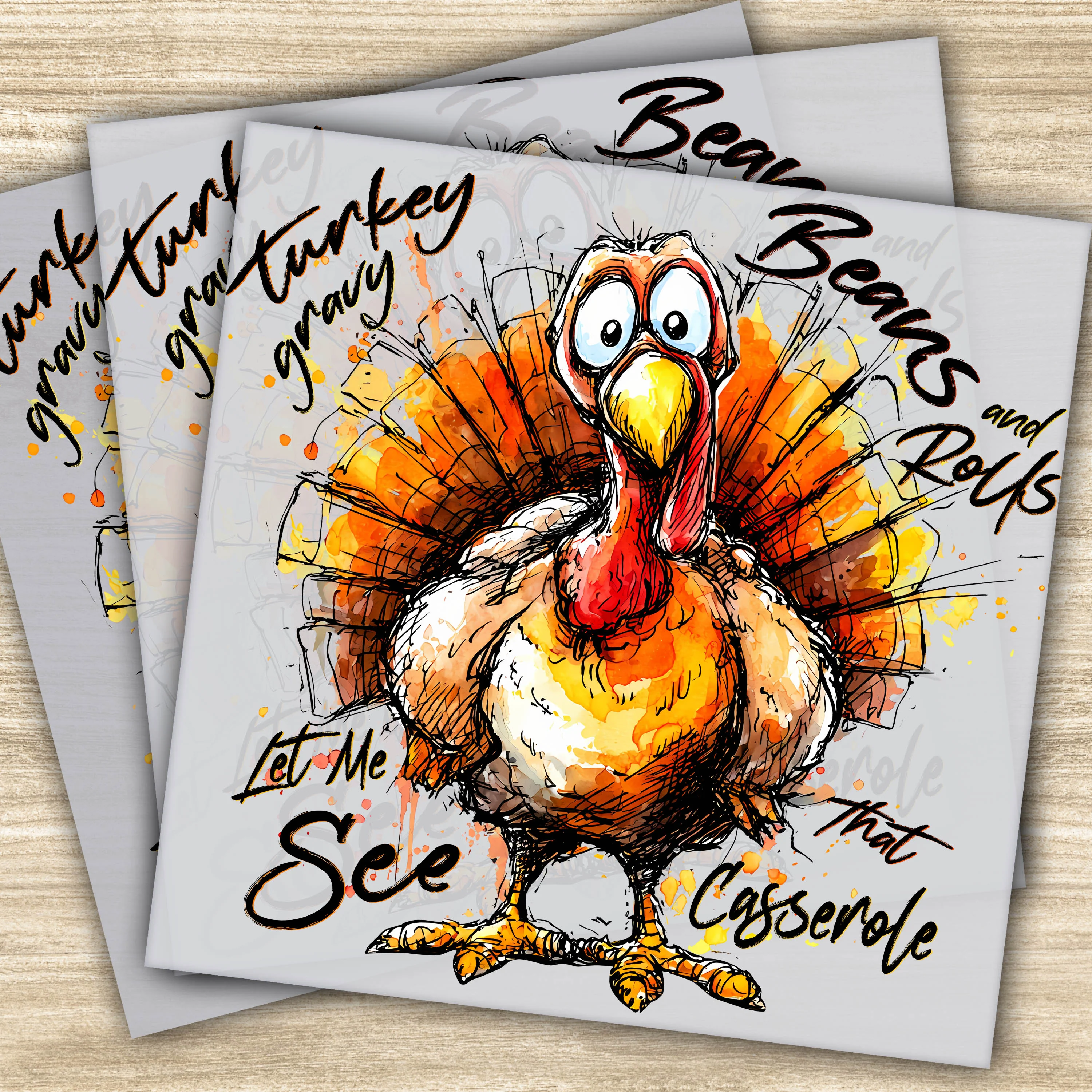 Thanksgiving Turkey DTF Transfer - Gravy, Beans, Rolls & Casserole Design, Ready to Press