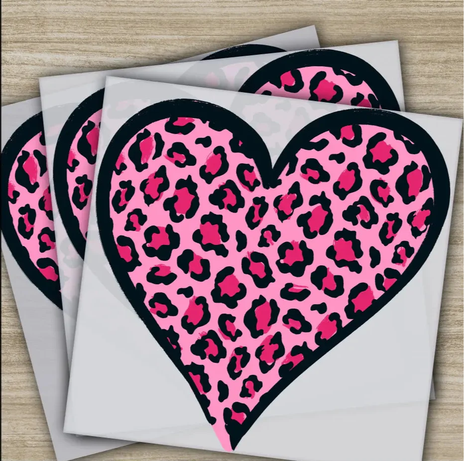 Leopard Pink Heart, Ready to Press, Personalized DTF Transfers, Valentines Gifts, High Quality, Heat Press DTF Transfers