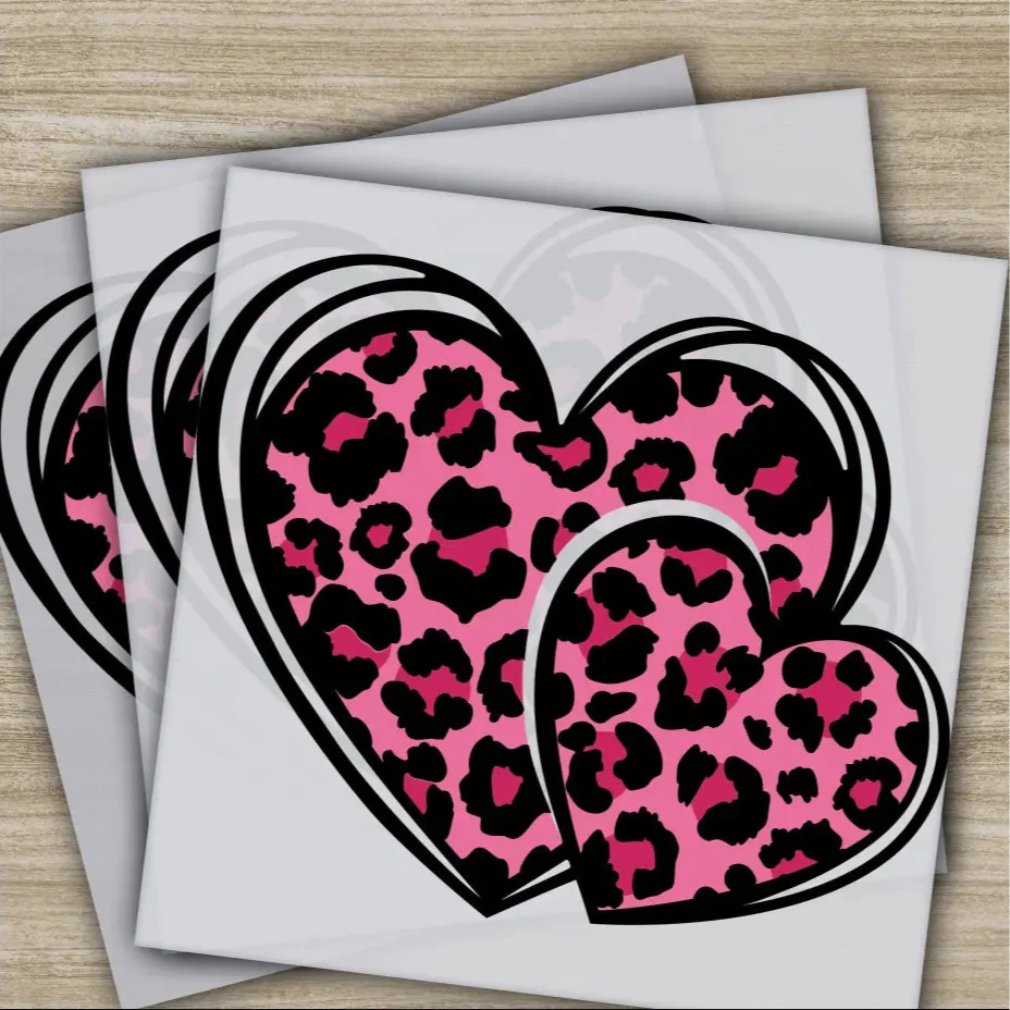 Leopard Pink Hearts, Ready to Press, Personalized DTF Transfers, Valentines Gifts, High Quality, Heat Press DTF Transfers