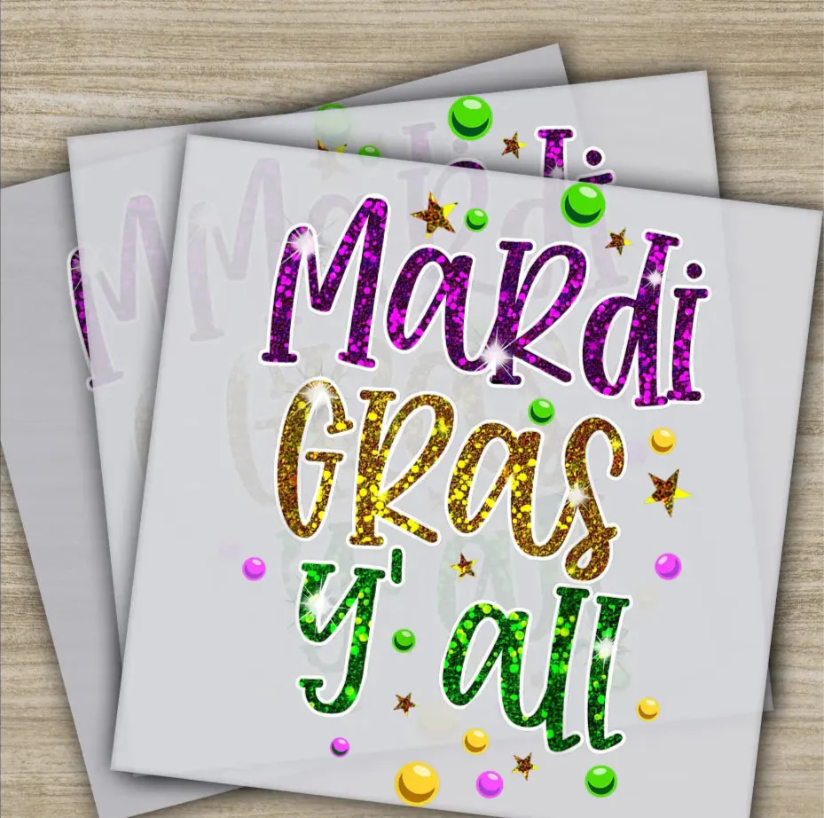 Mardi Gras Yall, Mask, Celebration, Mardi Gras Transfer, Ready to Press, Personalized DTF Transfer, Mardi Gras Gift, Heat Press DTF Transfer