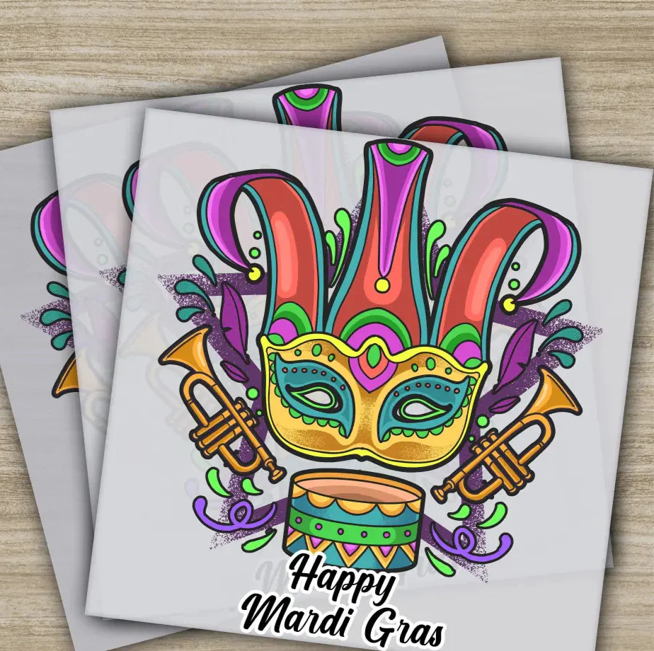 Mask, Drums, Mardi Gras Transfers, Ready to Press, Personalized DTF Transfers, Mardi Gras Gifts, High Quality, Heat Press DTF Transfers