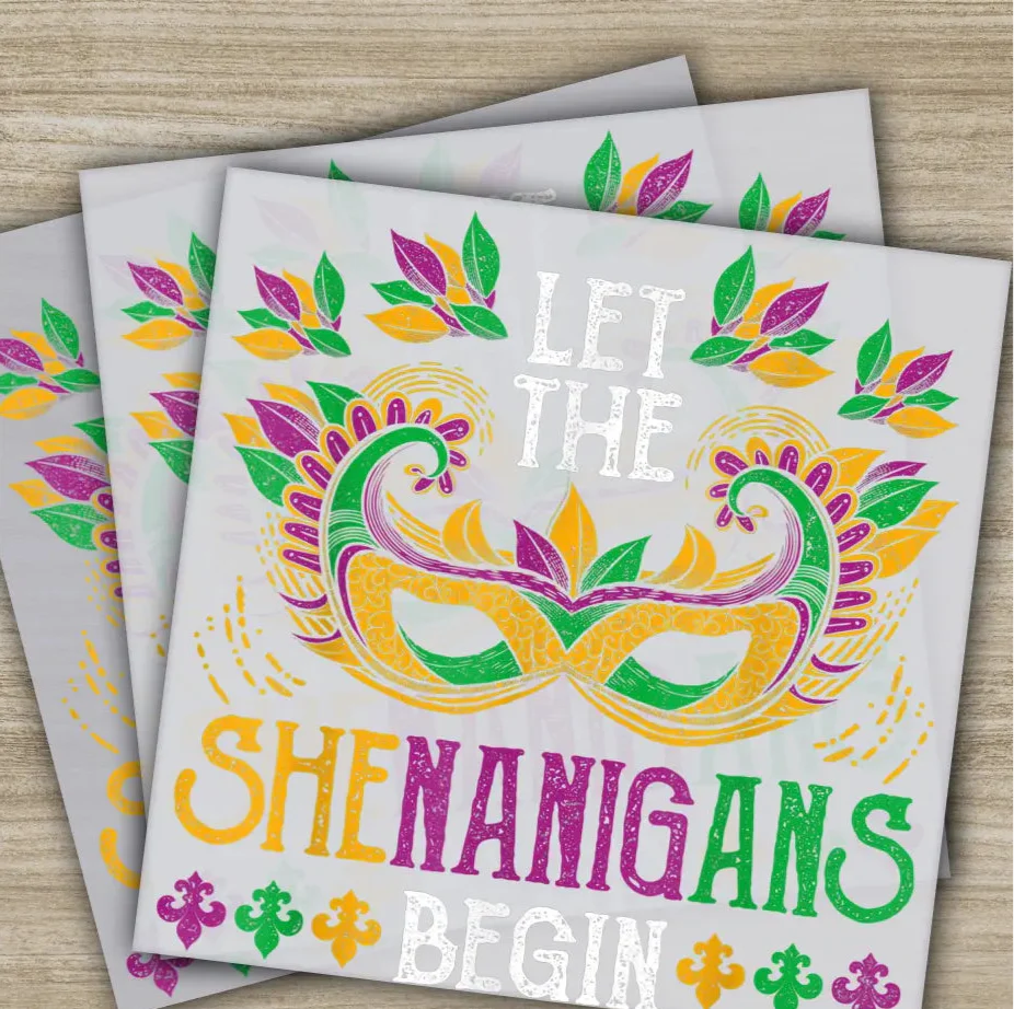 Mask, Shenanigans, Mardi Gras Transfers, Ready to Press, Personalized DTF Transfers, Mardi Gras Gifts, High Quality, Heat Press DTF Transfer